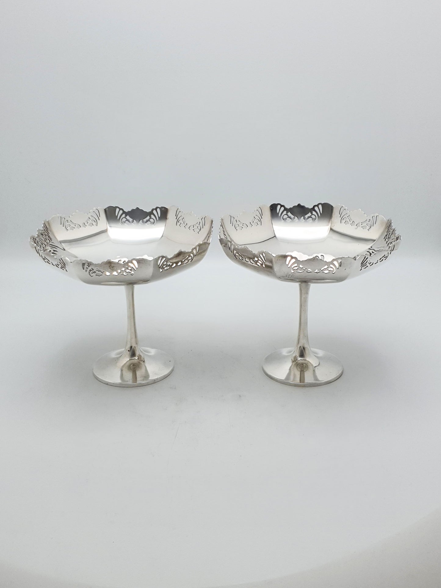 Pair of Antique Silver-Plated Pedestal Dishes with Pierced Rims – circa 1920