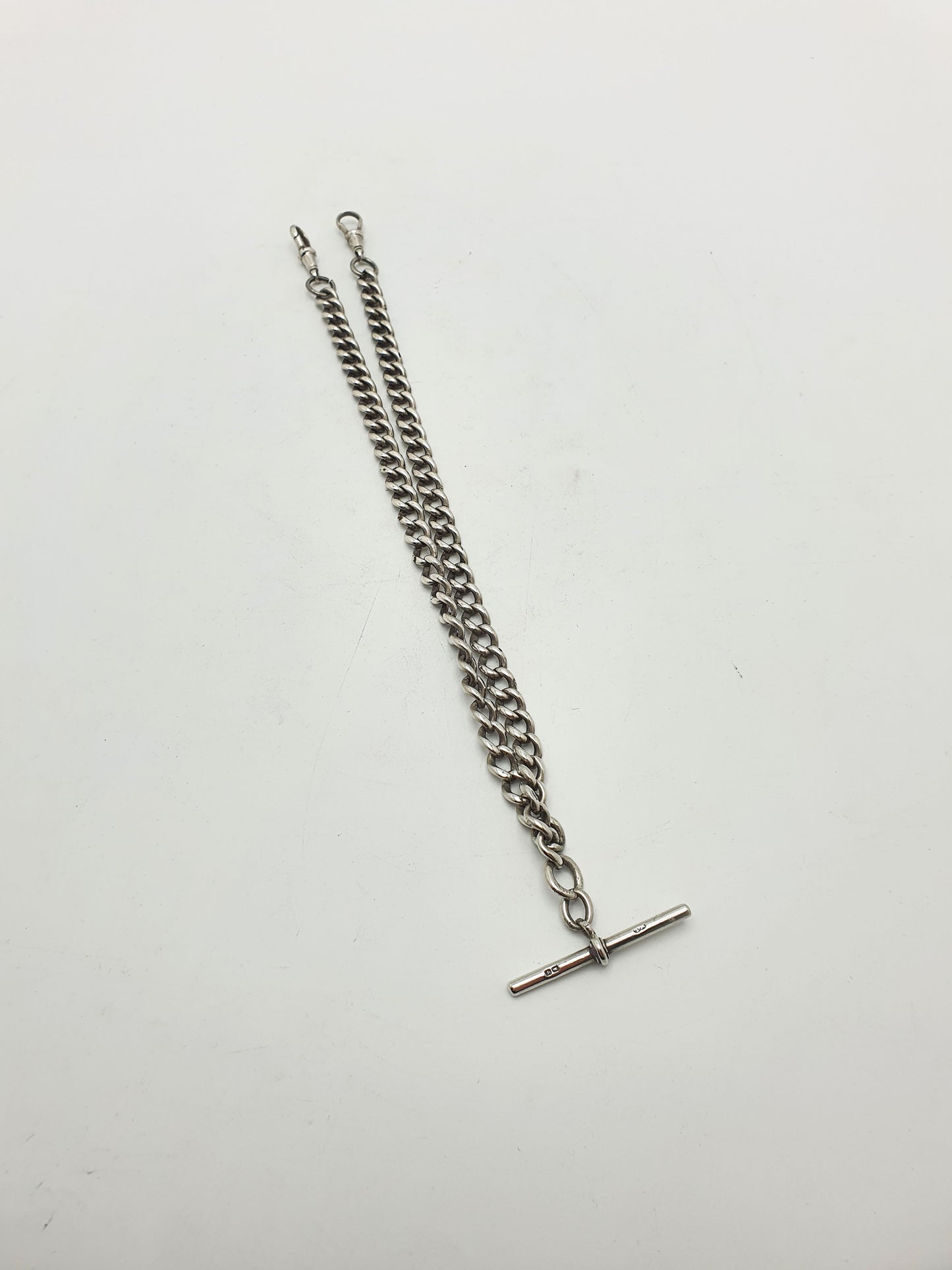 Antique Double Albert Sterling Silver Watch Chain with T-Bar - 1915