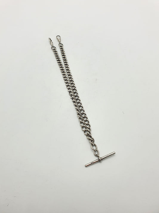 Antique Double Albert Sterling Silver Watch Chain with T-Bar - 1915