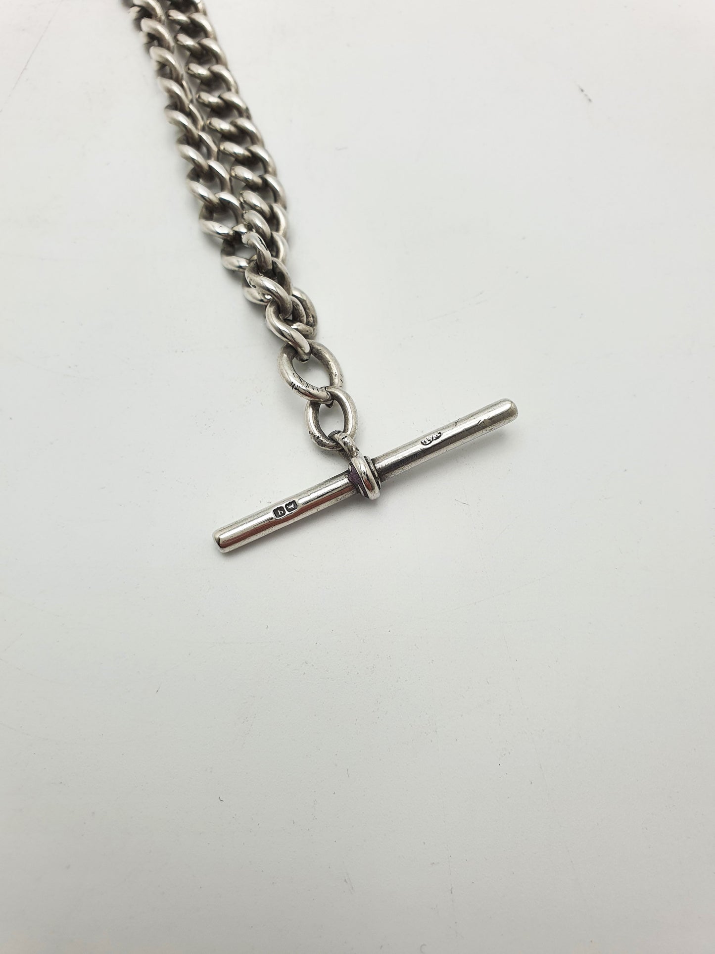 Antique Double Albert Sterling Silver Watch Chain with T-Bar - 1915