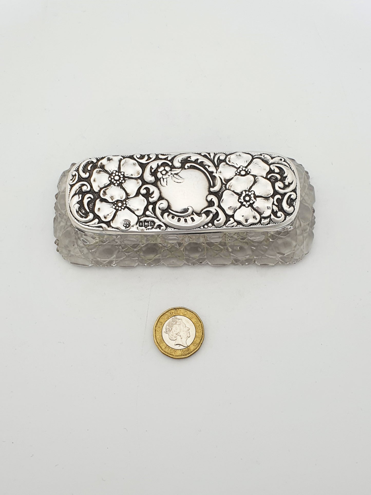 Lovely Antique Edwardian Silver Topped Glass Trinket Box - 1909