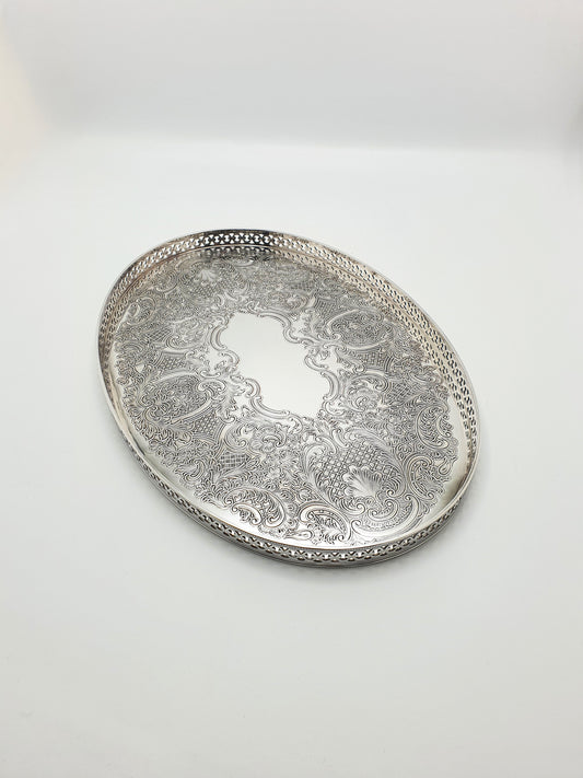 Nice Silver Plated Oval Serving Tray with Intricate Embossed Scrolls – circa 1930
