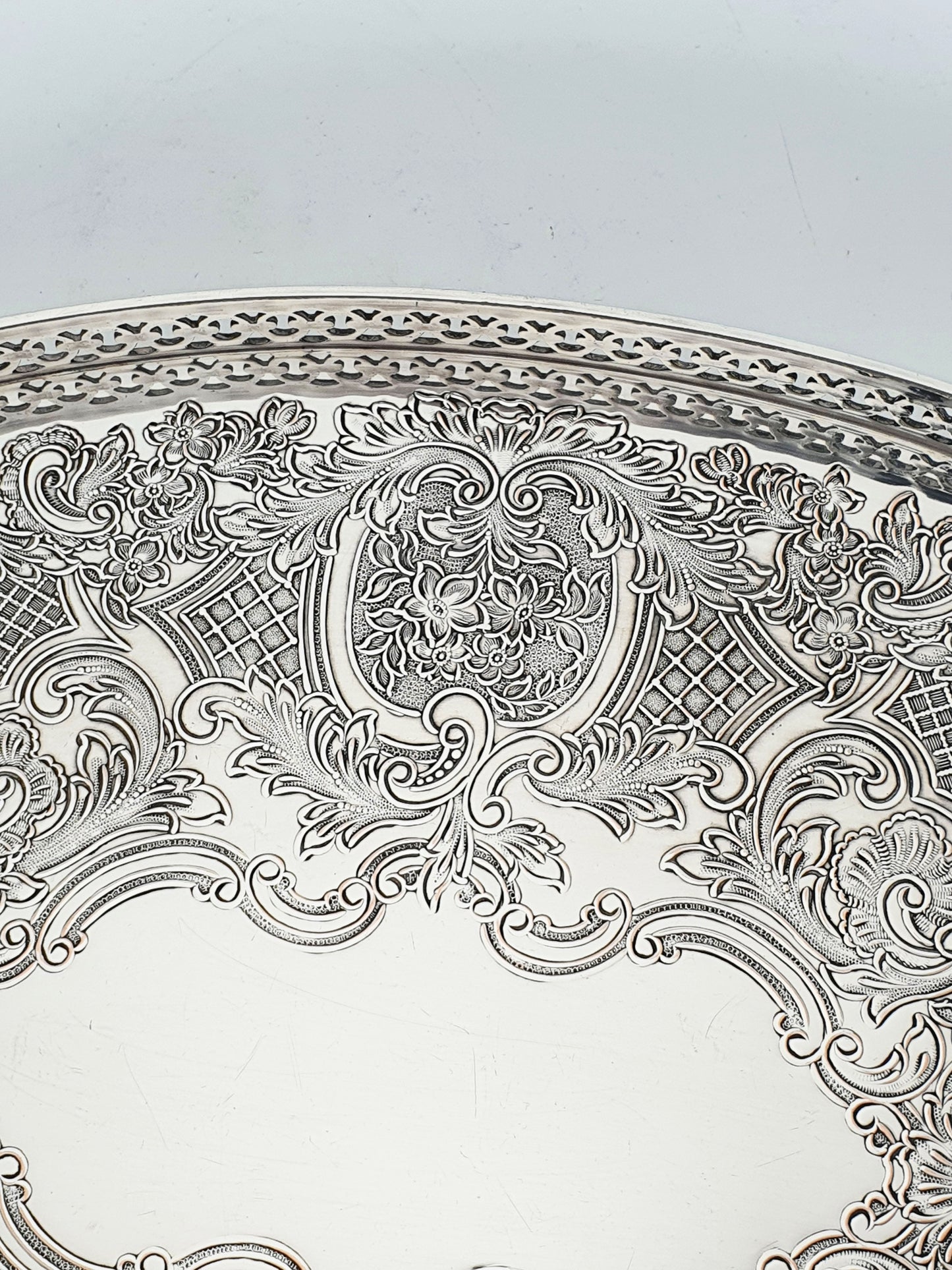 Nice Silver Plated Oval Serving Tray with Intricate Embossed Scrolls – circa 1930