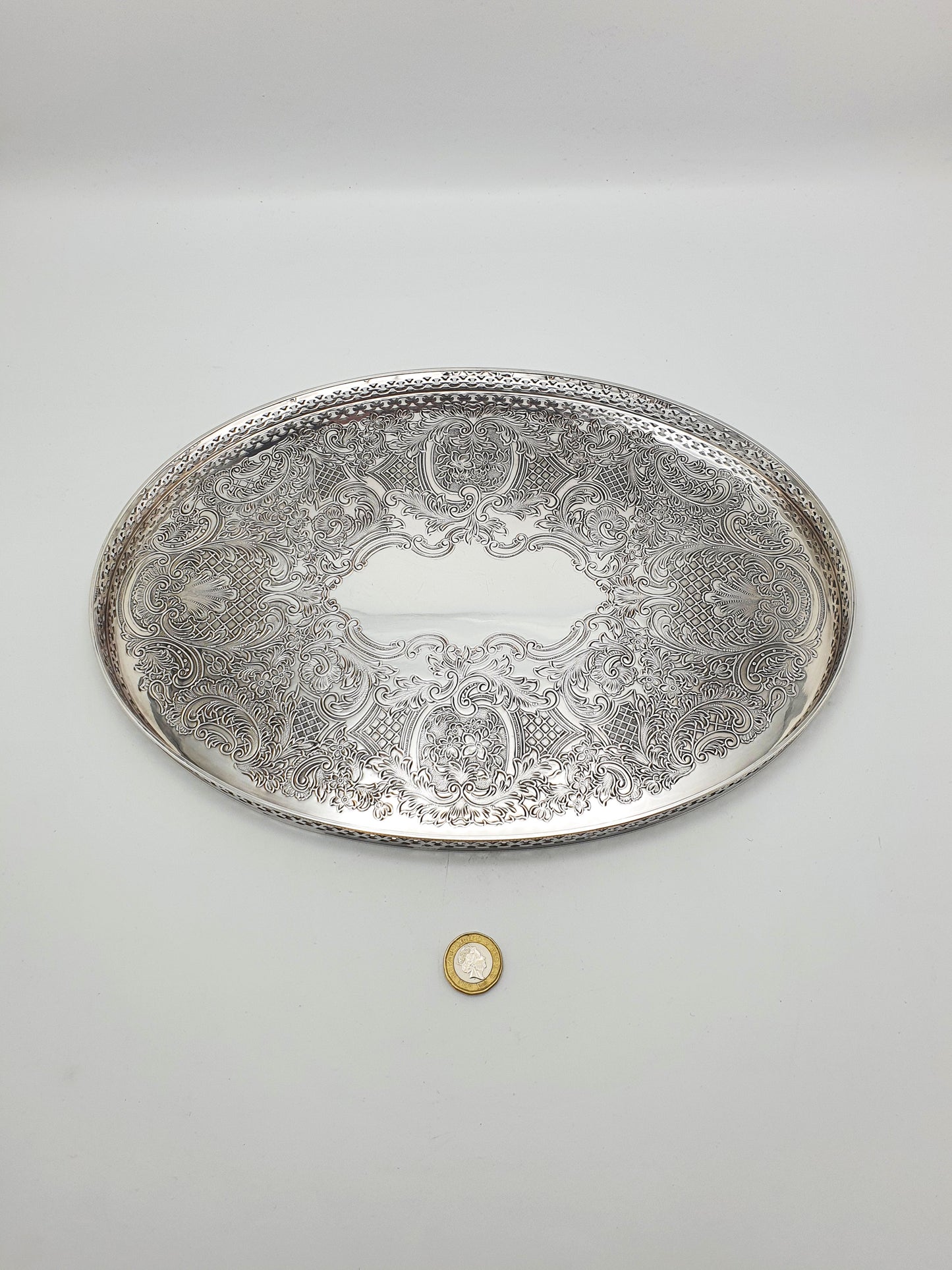 Nice Silver Plated Oval Serving Tray with Intricate Embossed Scrolls – circa 1930