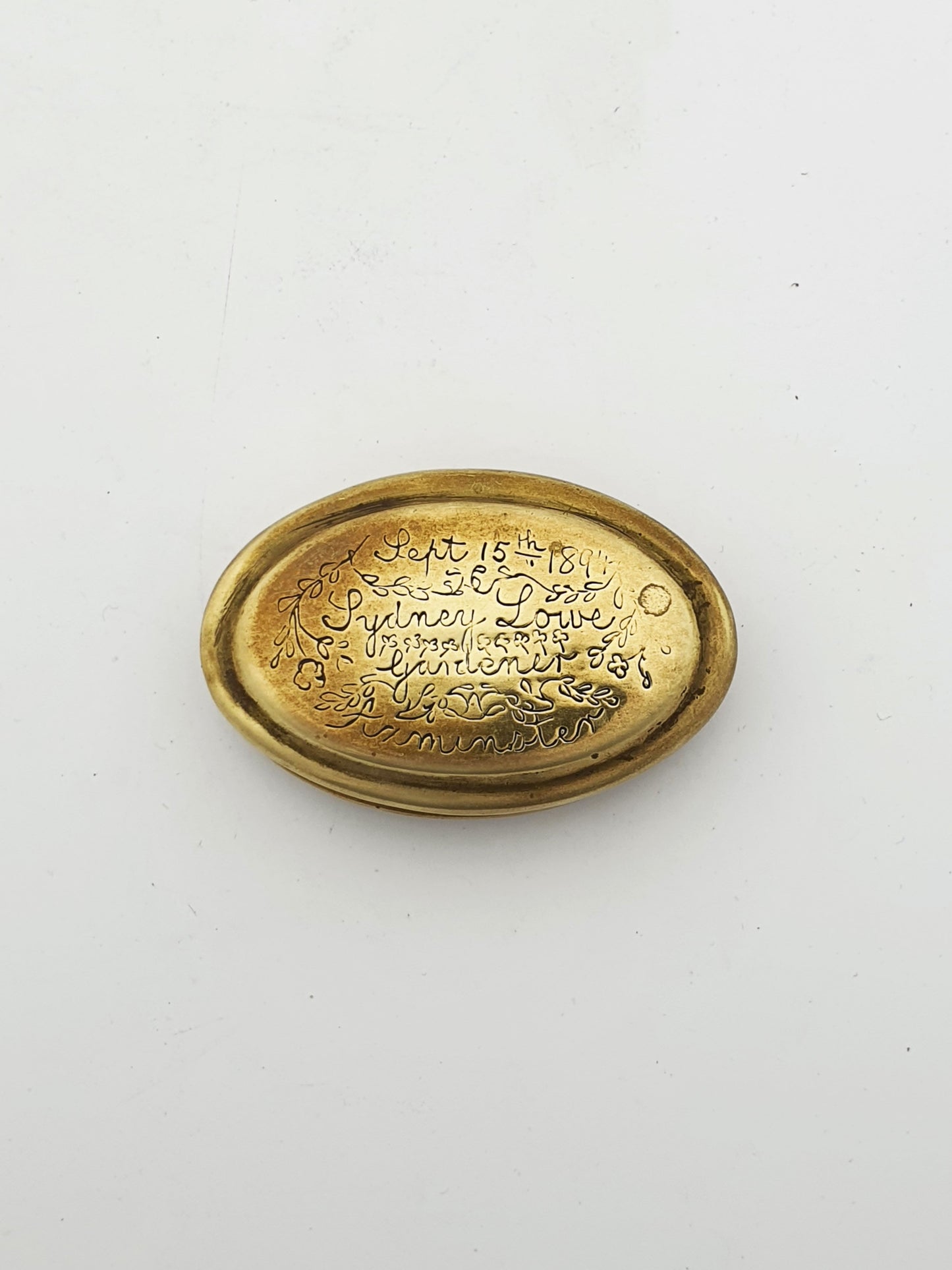 Lovely Engraved Victorian Brass Snuff Box – Dated 1894
