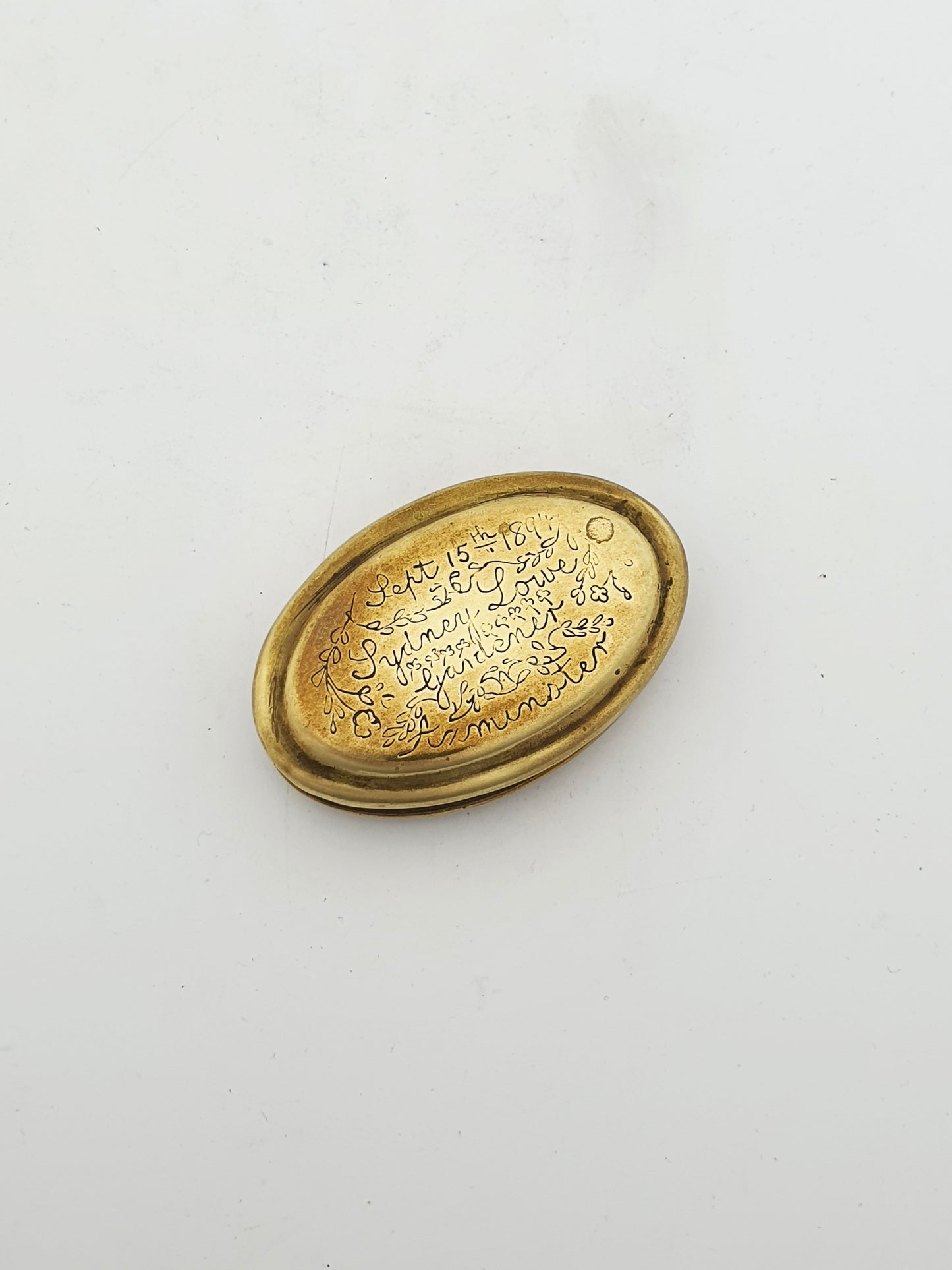 Lovely Engraved Victorian Brass Snuff Box – Dated 1894
