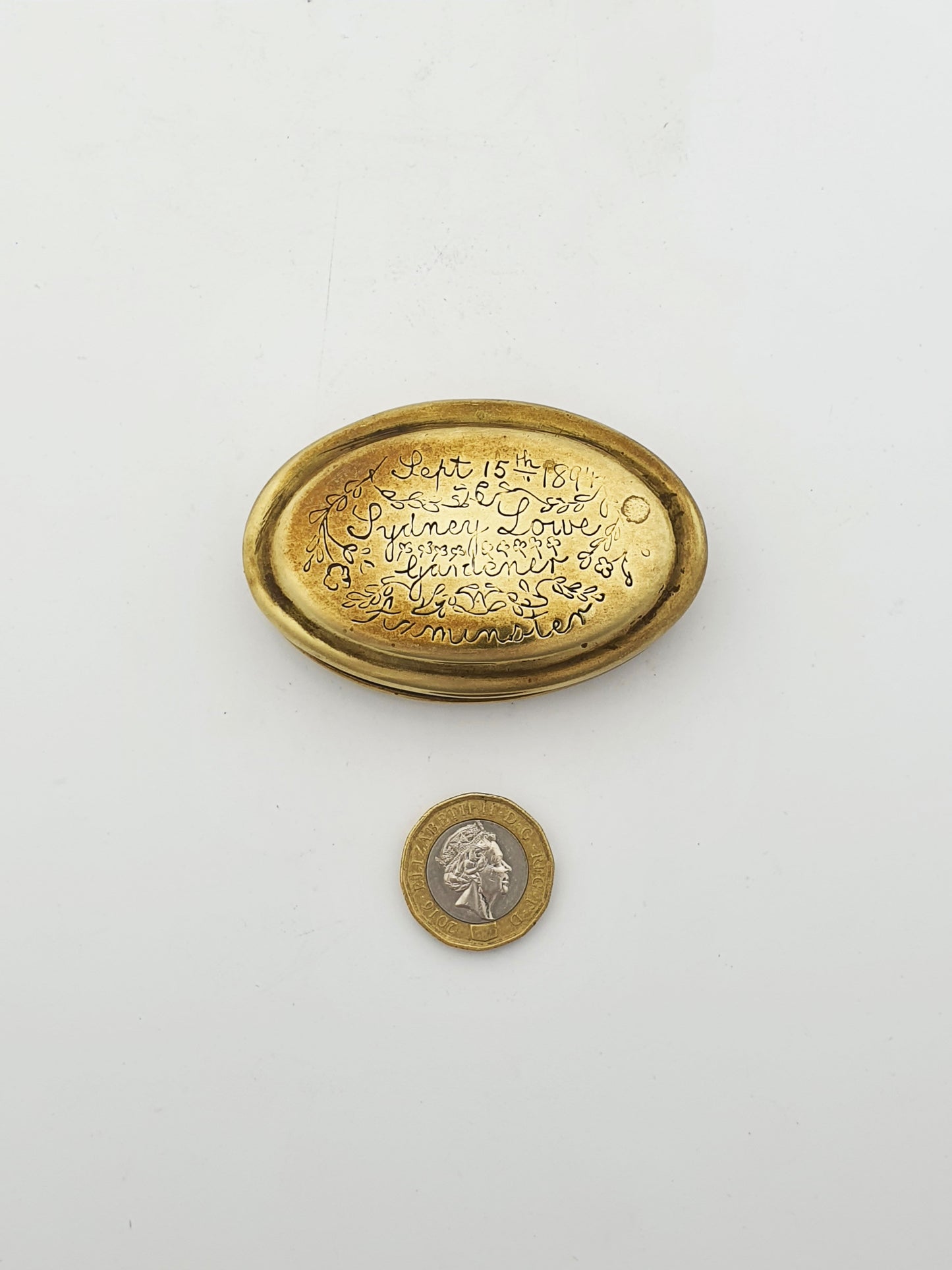 Lovely Engraved Victorian Brass Snuff Box – Dated 1894