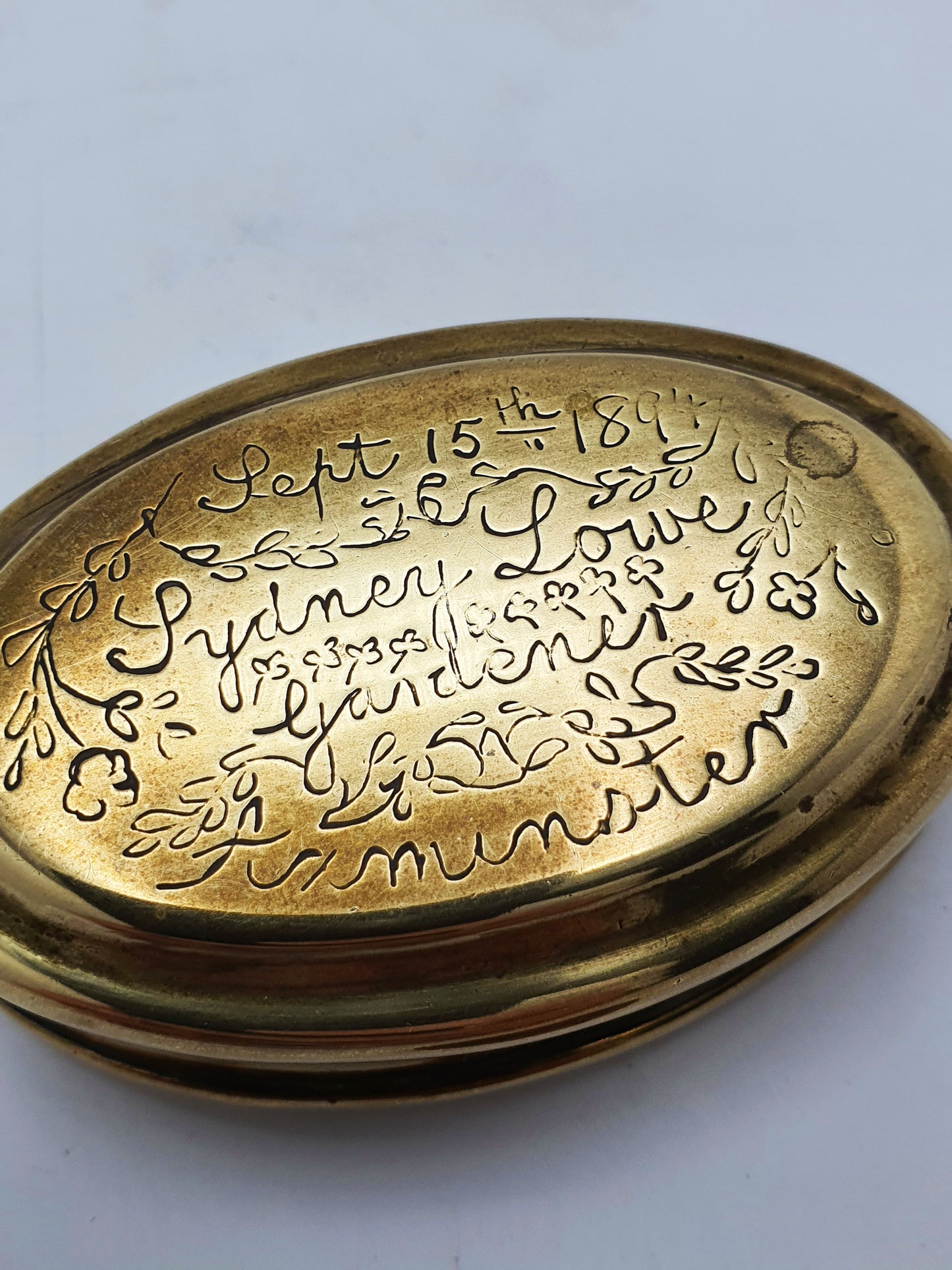 Lovely Engraved Victorian Brass Snuff Box – Dated 1894