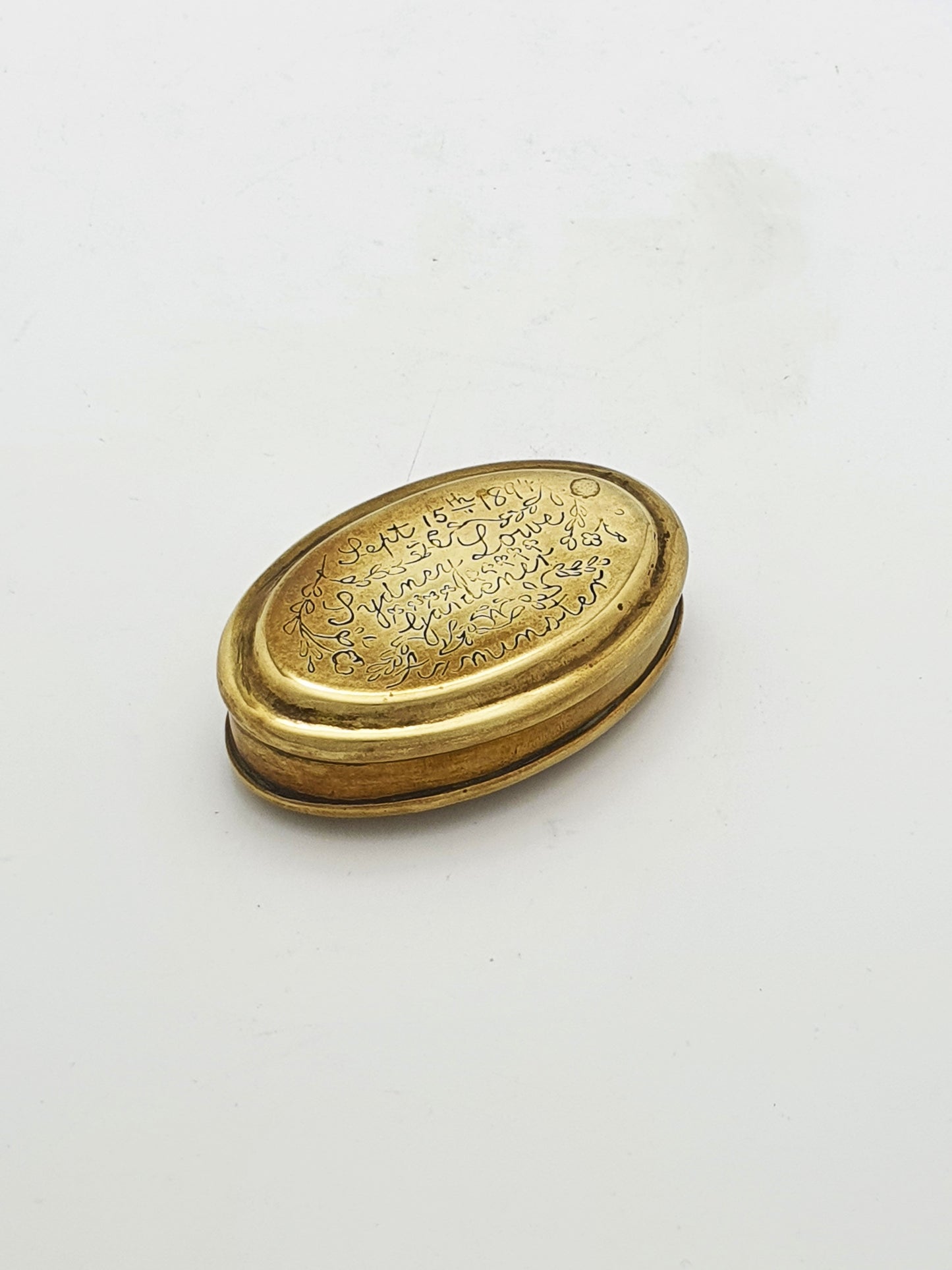 Lovely Engraved Victorian Brass Snuff Box – Dated 1894