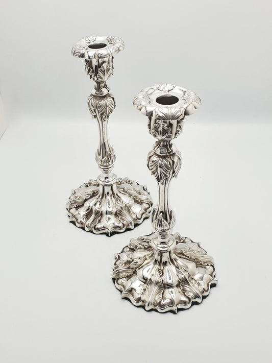 Pair of Ornate Antique Silver-Plated Rococo Revival Candlesticks - 1870
