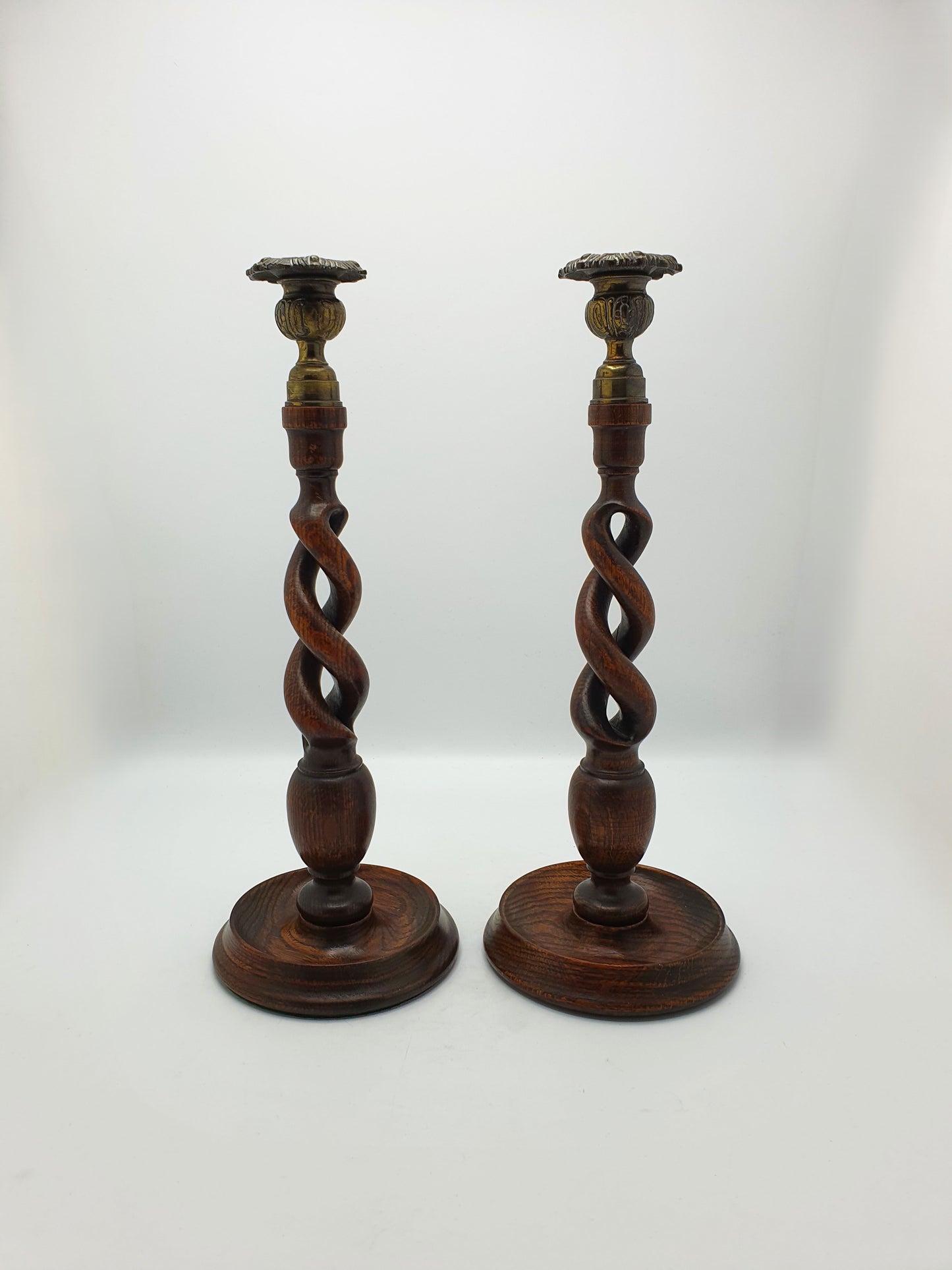 Nice Pair of Antique Open Barley Twist Oak Candlesticks – circa 1920