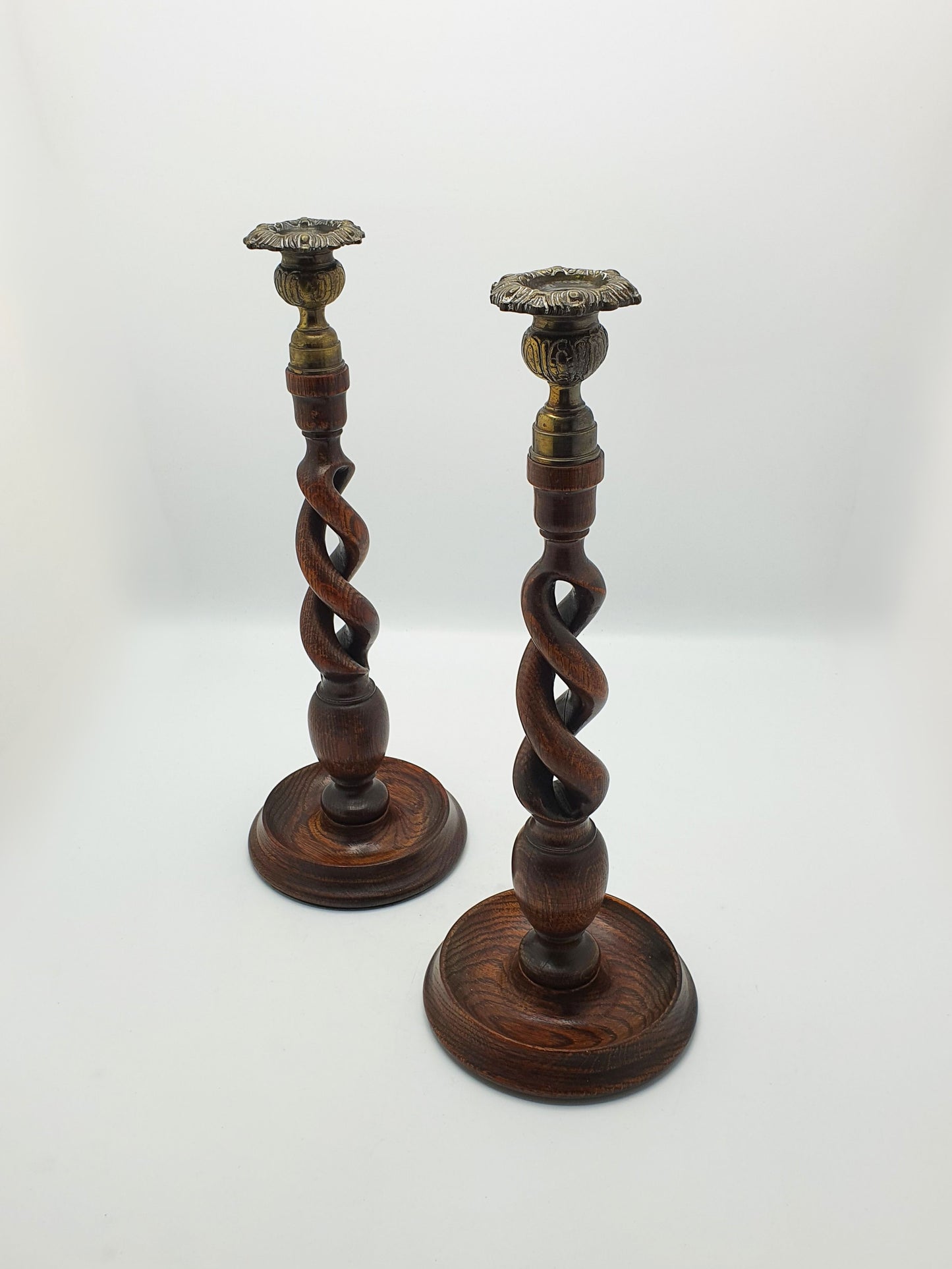 Nice Pair of Antique Open Barley Twist Oak Candlesticks – circa 1920