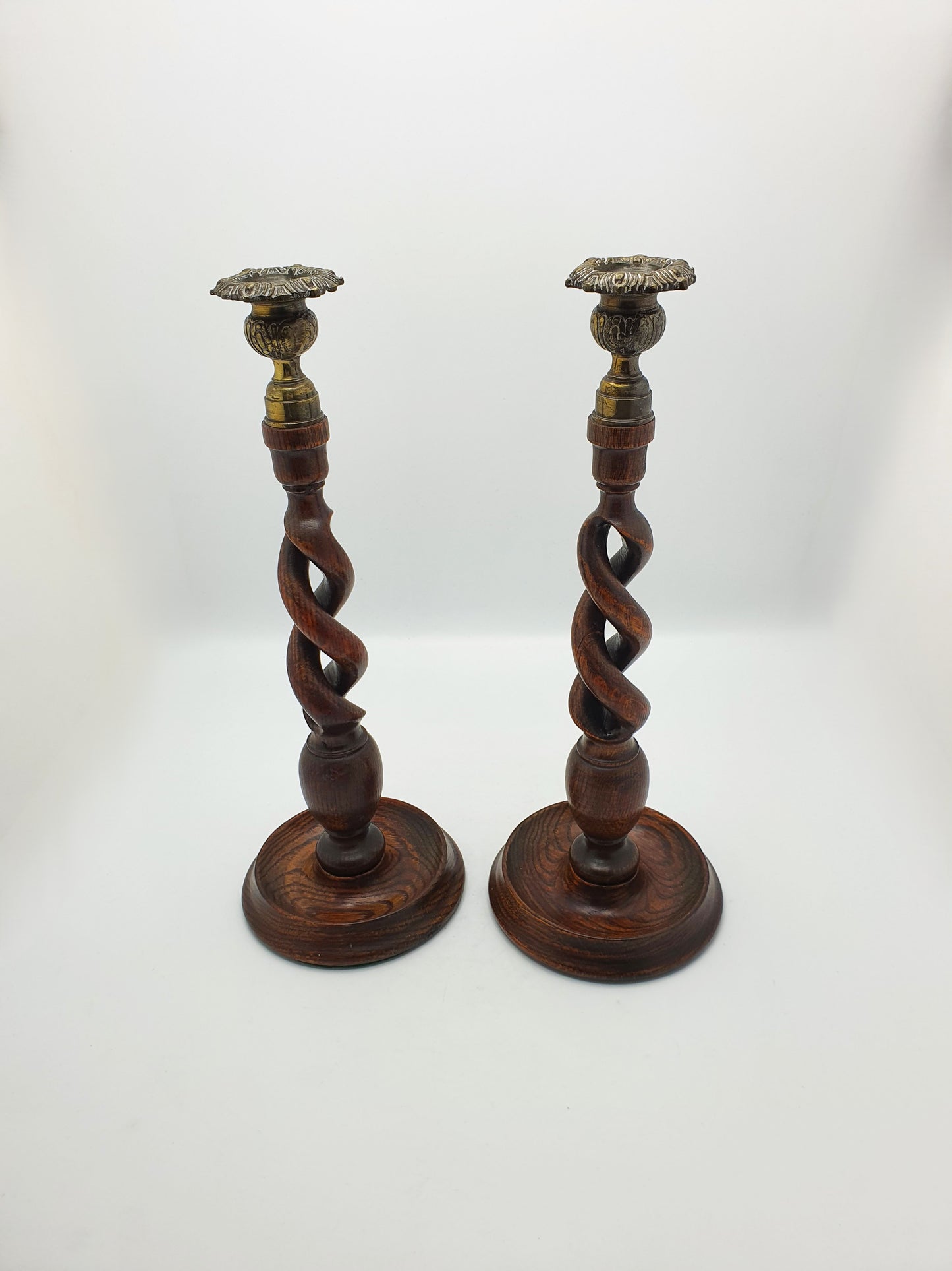 Nice Pair of Antique Open Barley Twist Oak Candlesticks – circa 1920