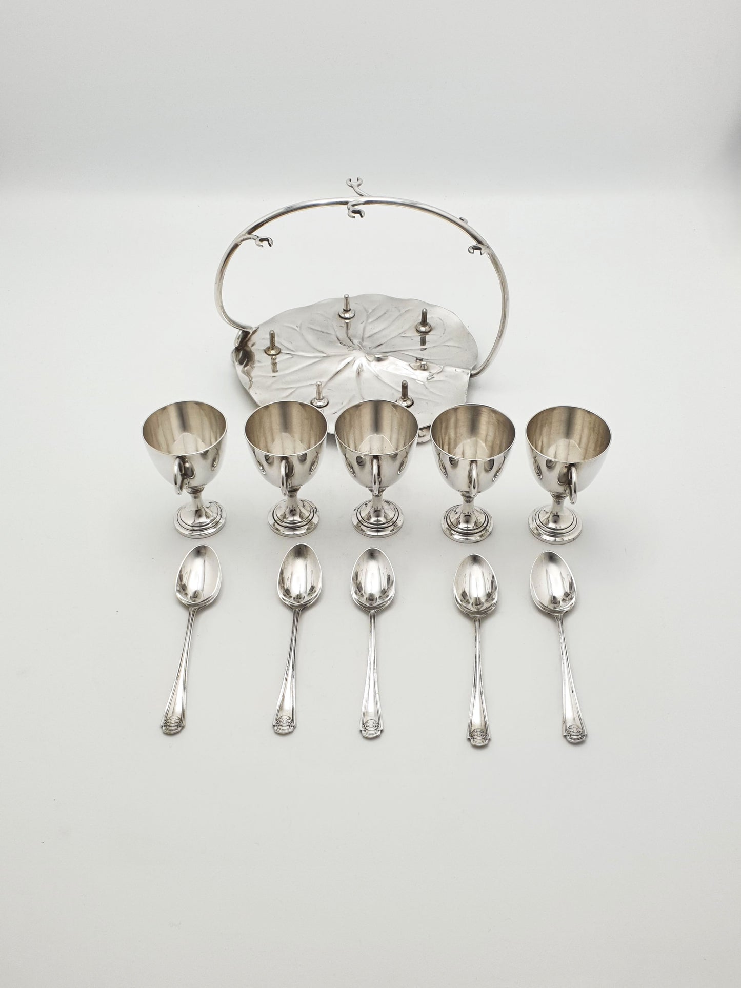 Gorgeous Victorian Silver-Plated Lily Pad Egg Cruet Set for Five – circa 1890