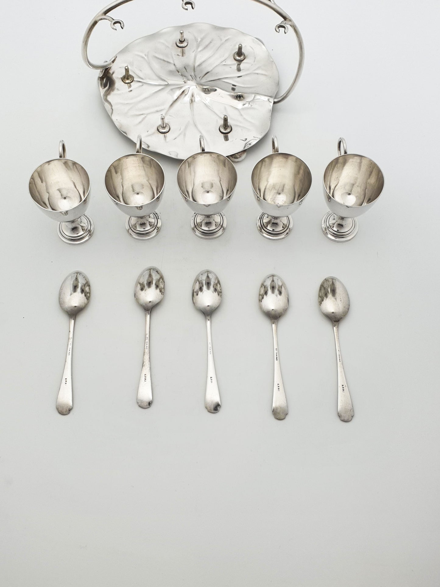 Gorgeous Victorian Silver-Plated Lily Pad Egg Cruet Set for Five – circa 1890