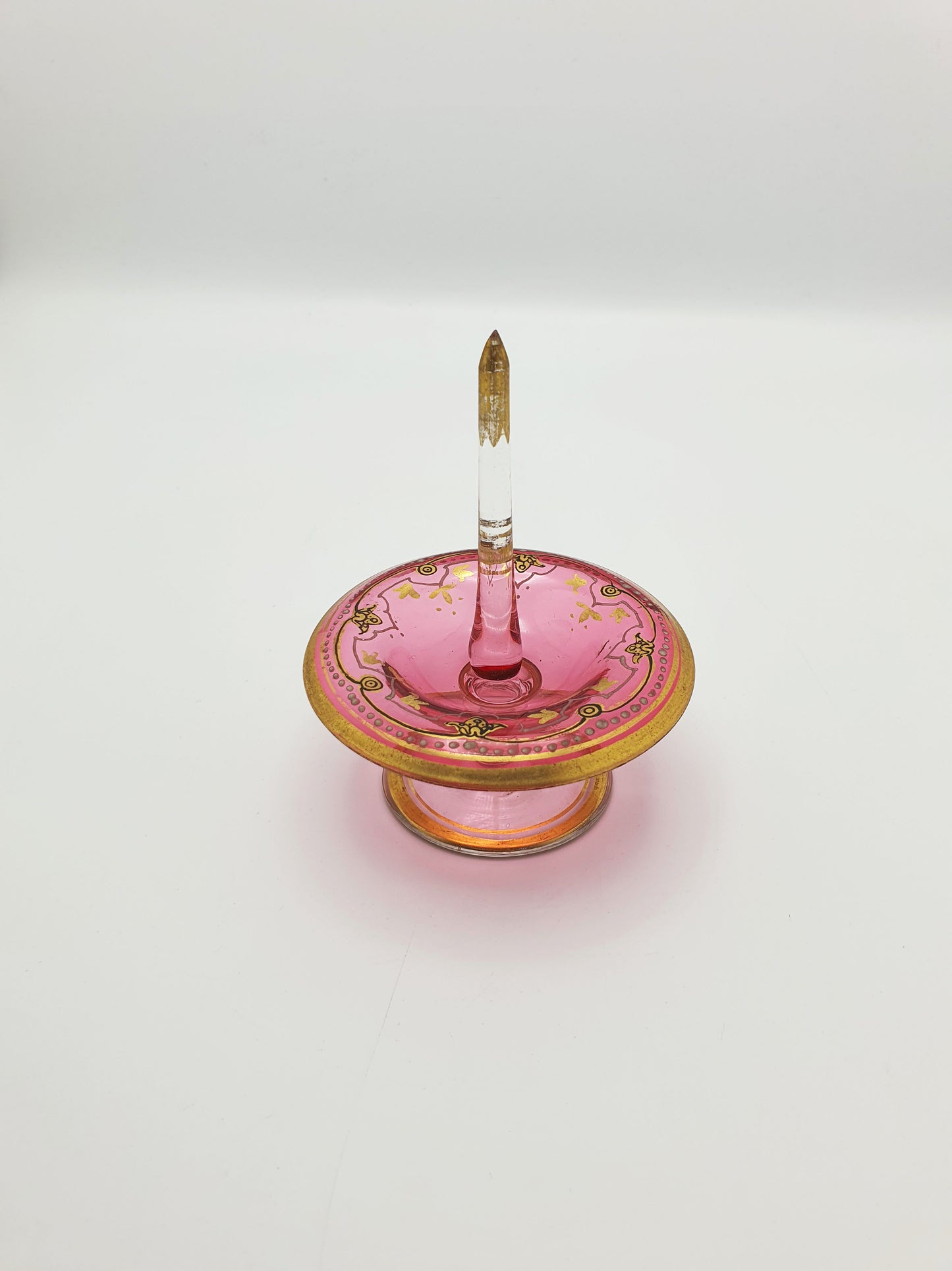 Antique Bohemian Pink Glass Ring Holder with Gold Enamel – circa 1905