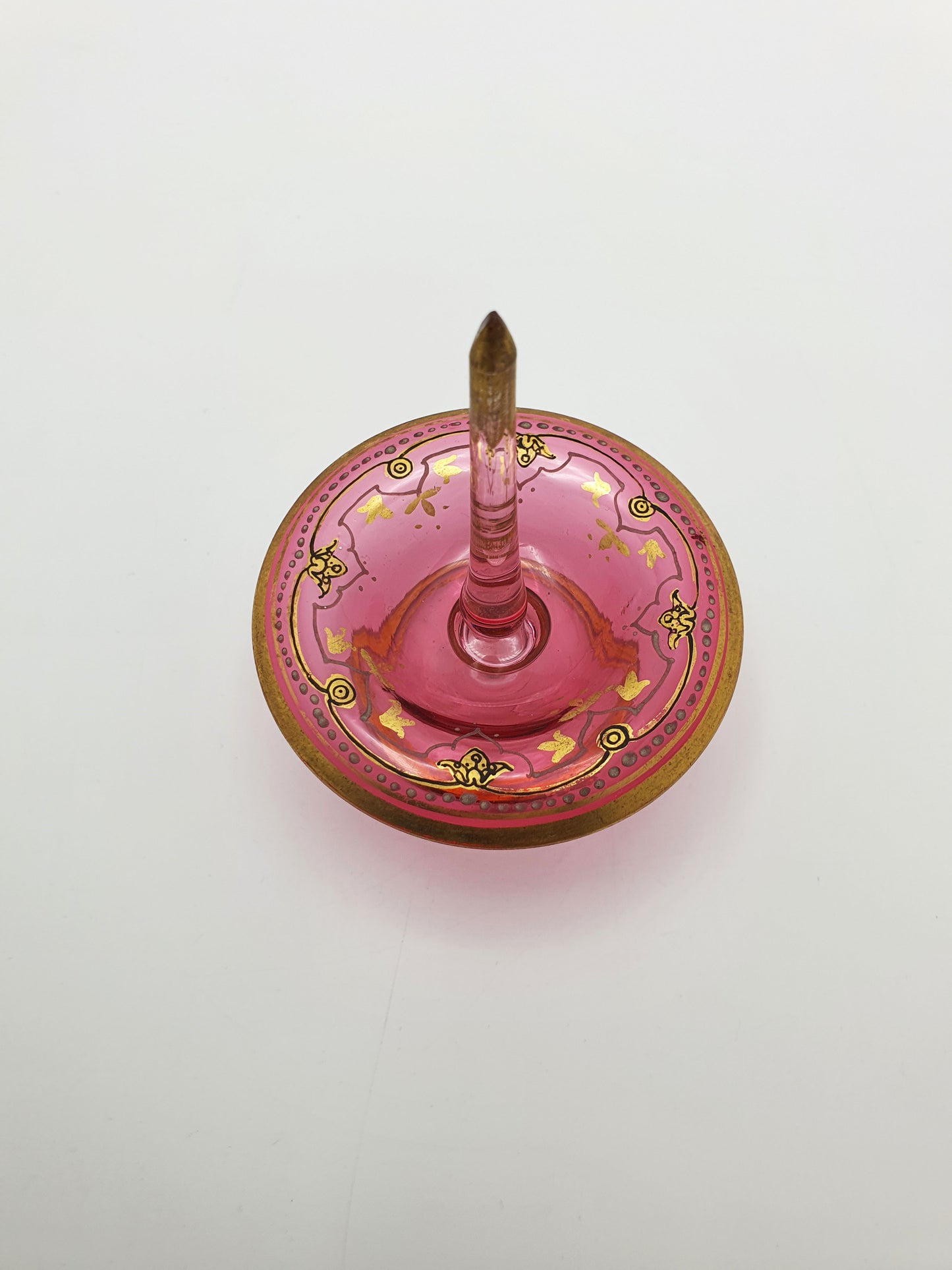 Antique Bohemian Pink Glass Ring Holder with Gold Enamel – circa 1905
