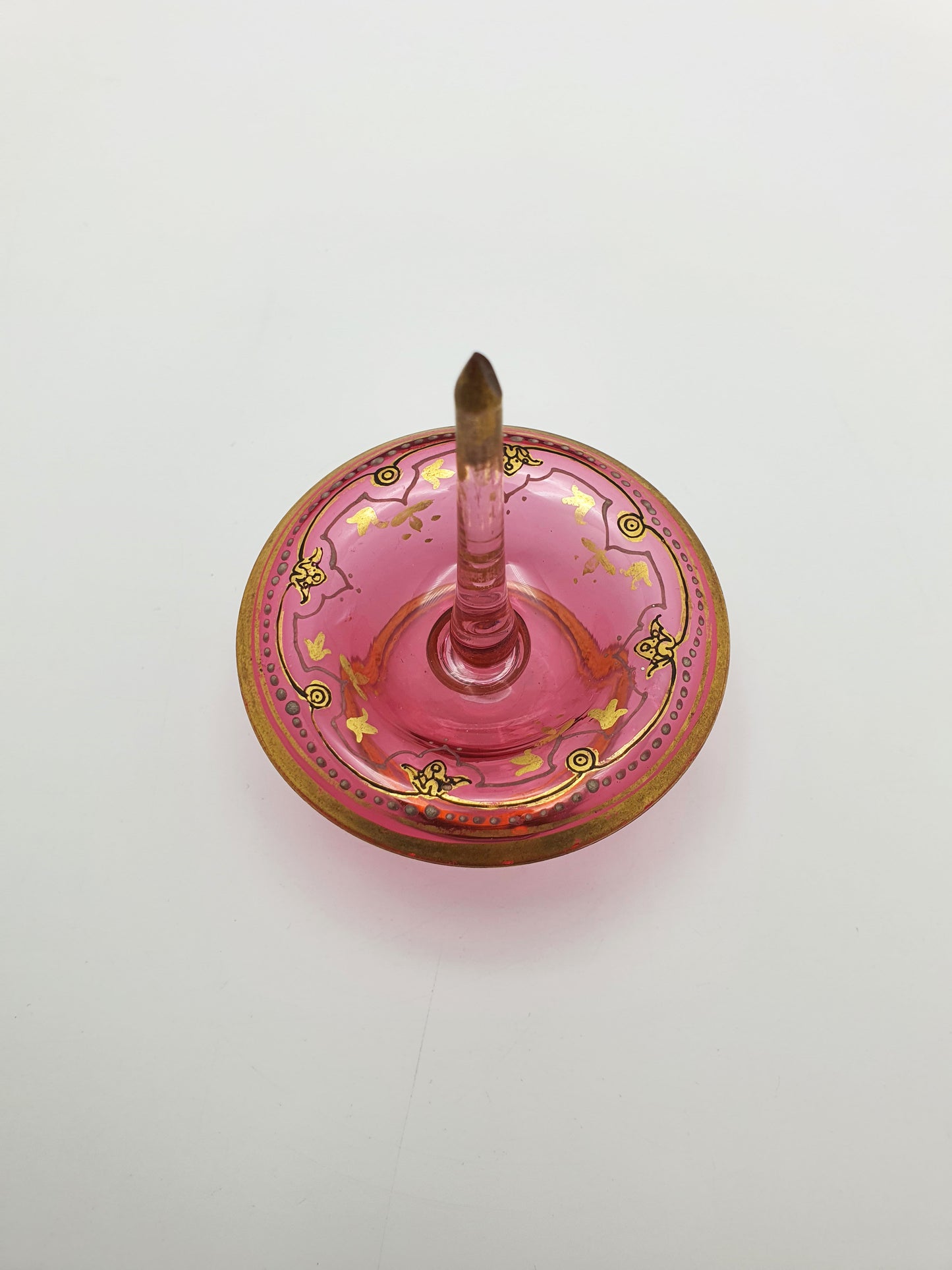 Antique Bohemian Pink Glass Ring Holder with Gold Enamel – circa 1905