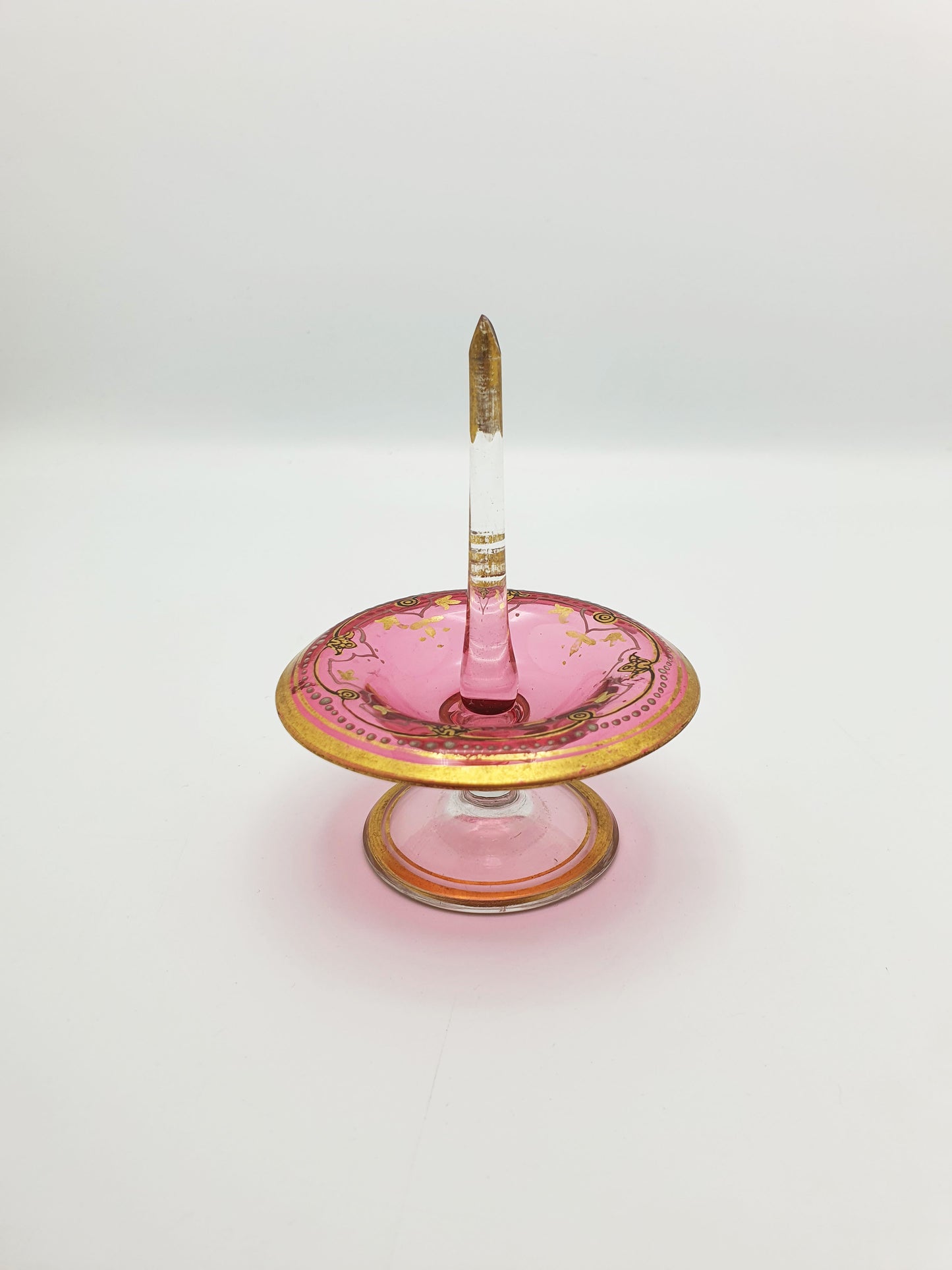 Antique Bohemian Pink Glass Ring Holder with Gold Enamel – circa 1905