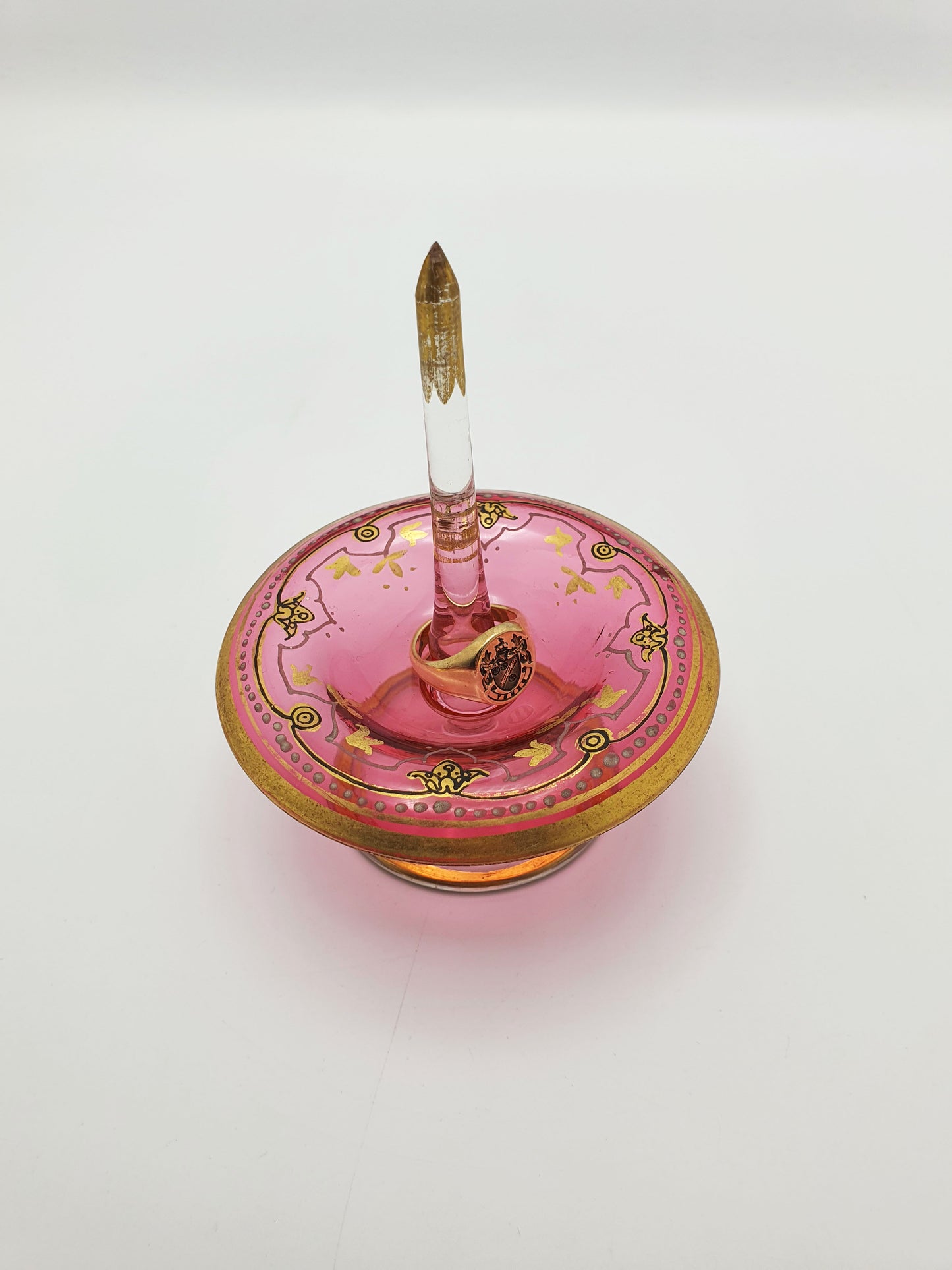 Antique Bohemian Pink Glass Ring Holder with Gold Enamel – circa 1905