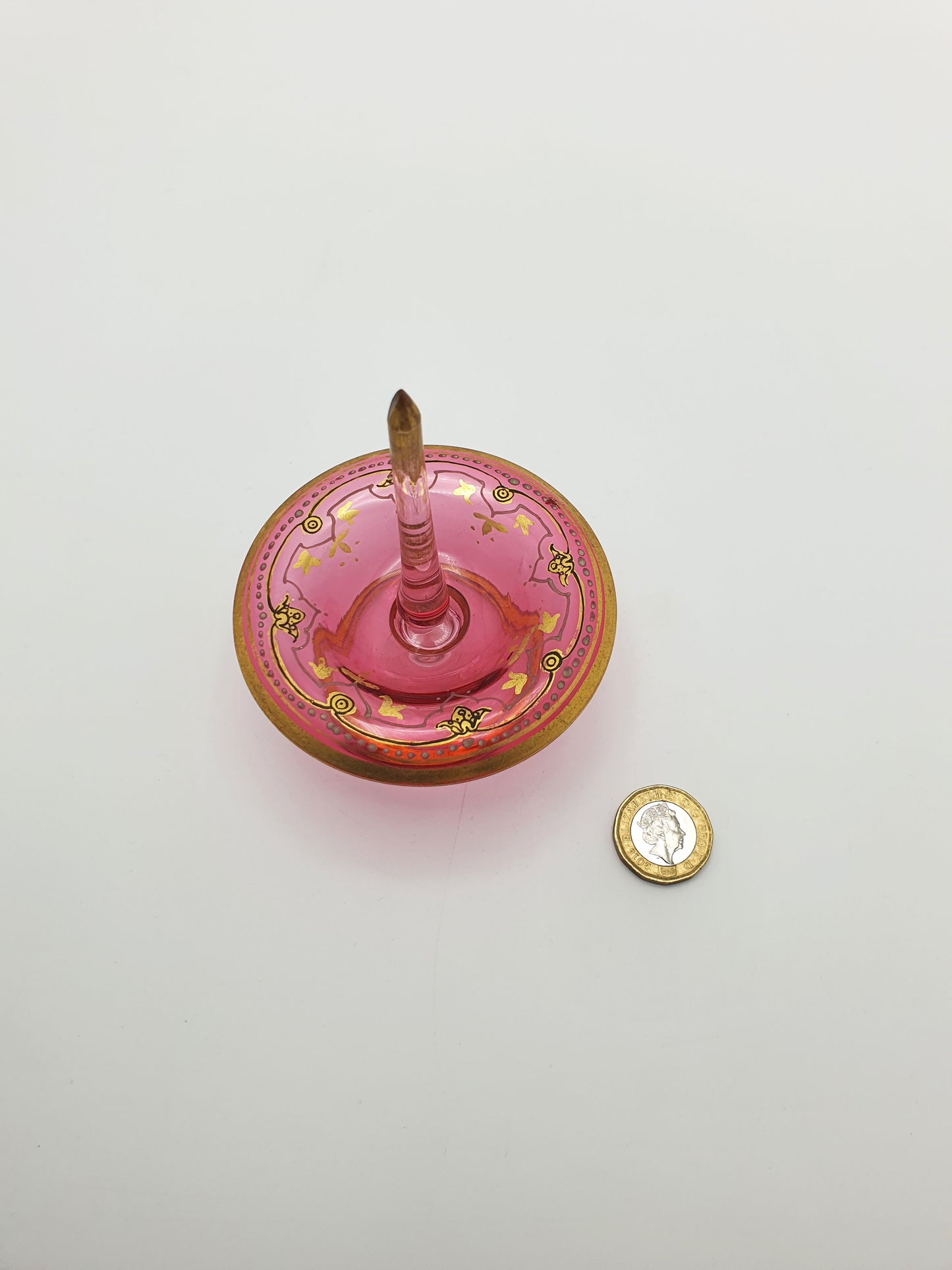 Antique Bohemian Pink Glass Ring Holder with Gold Enamel – circa 1905