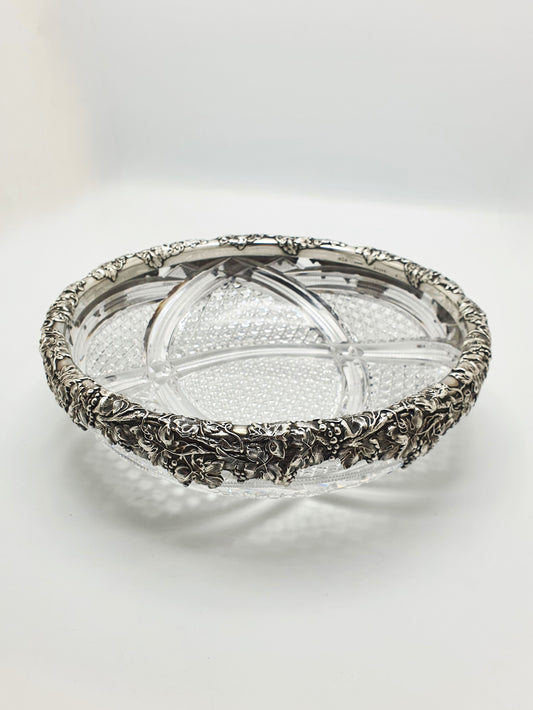 Gorgeous Antique Sterling Silver & Cut Crystal Serving Bowl – circa 1900
