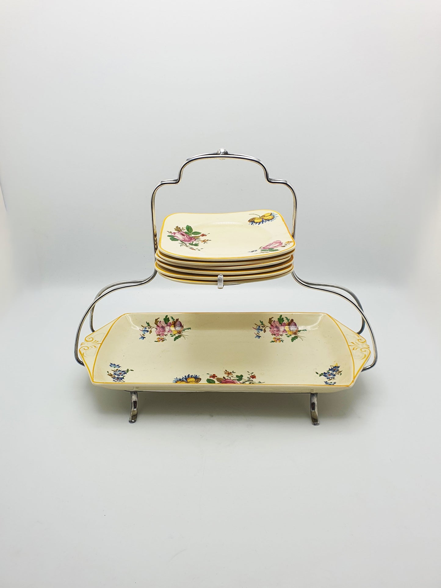 Splendid Woods Ivory Ware Floral Sandwich Set on Silver Plated Stand – circa 1930