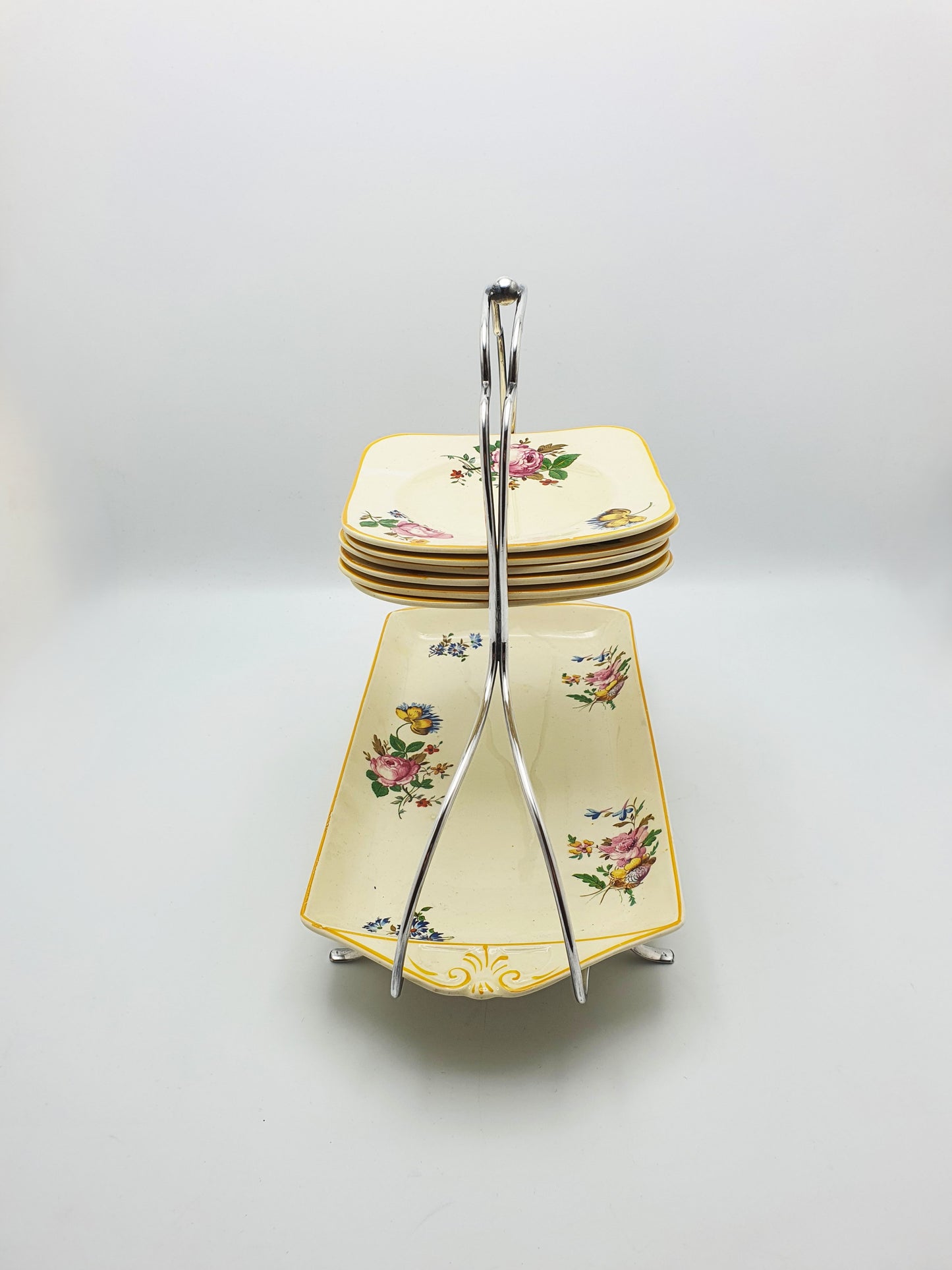 Splendid Woods Ivory Ware Floral Sandwich Set on Silver Plated Stand – circa 1930