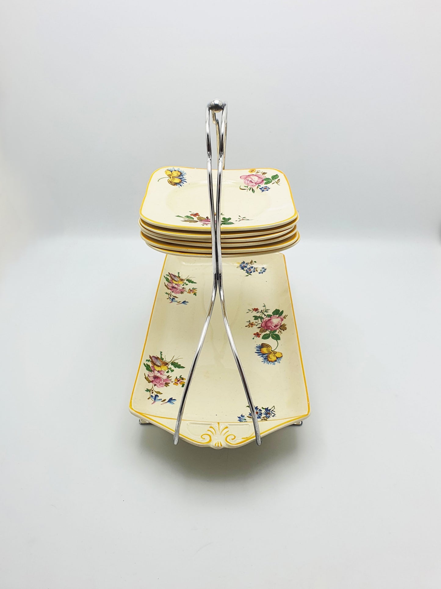 Splendid Woods Ivory Ware Floral Sandwich Set on Silver Plated Stand – circa 1930