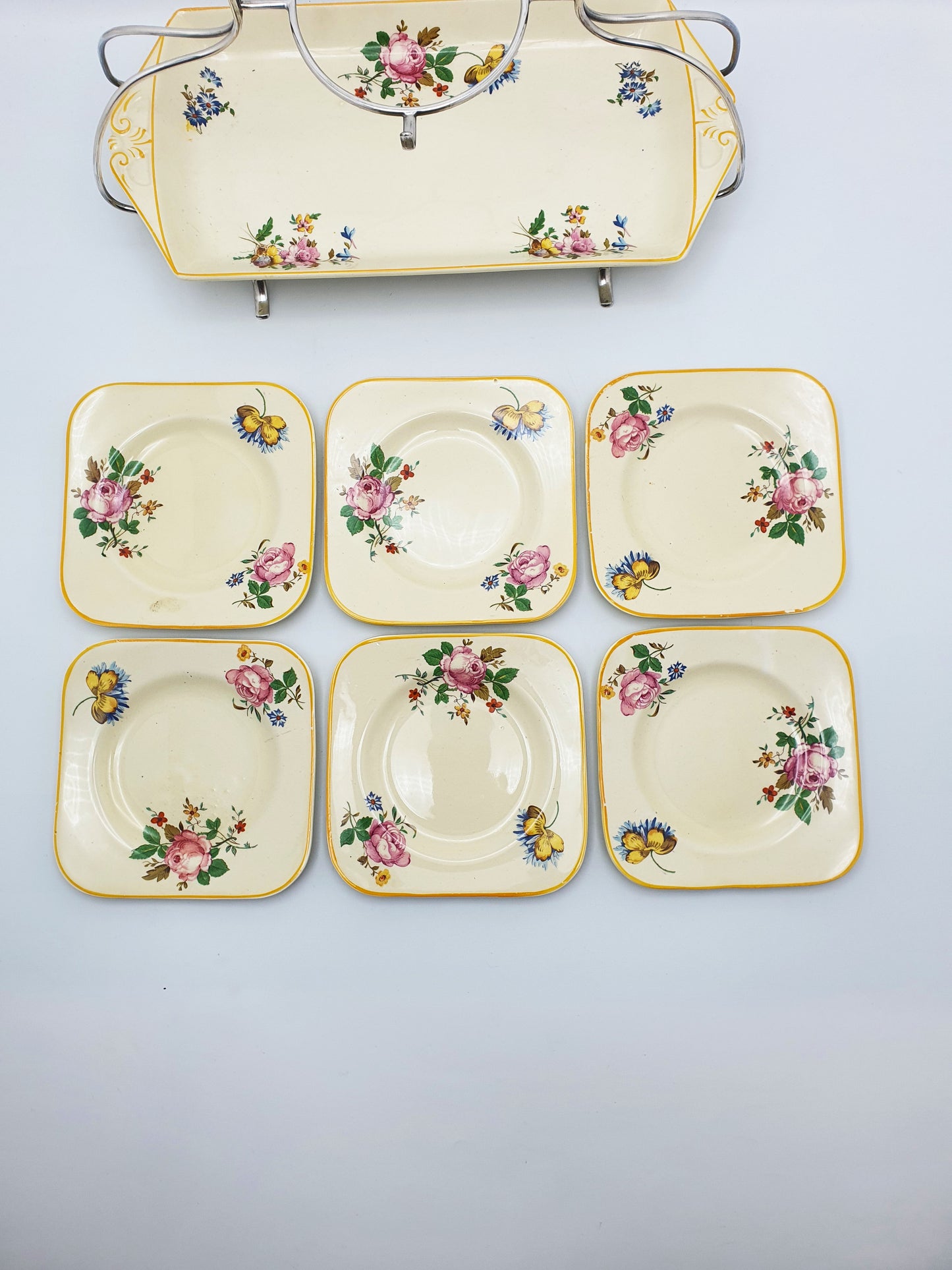 Splendid Woods Ivory Ware Floral Sandwich Set on Silver Plated Stand – circa 1930