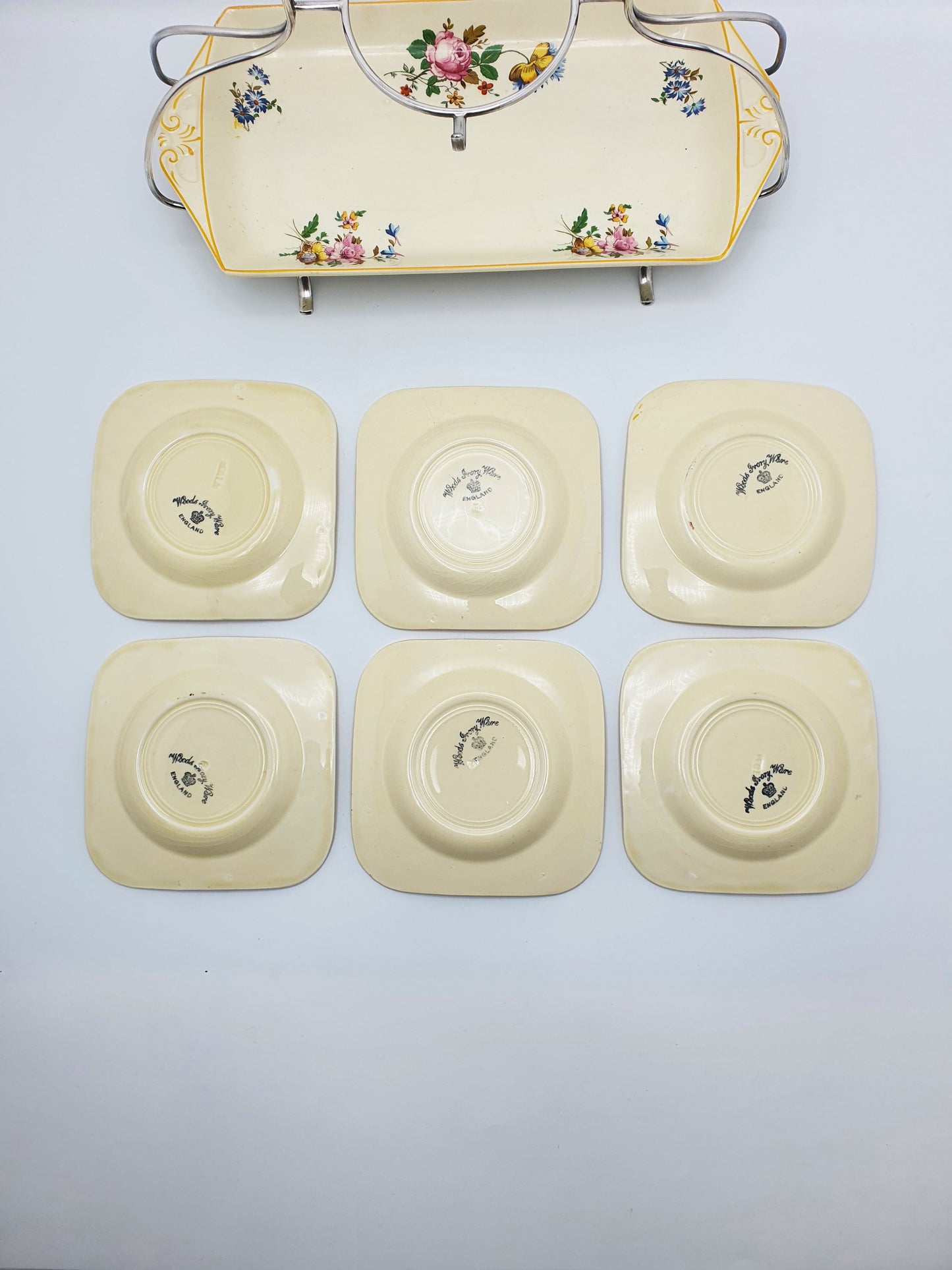 Splendid Woods Ivory Ware Floral Sandwich Set on Silver Plated Stand – circa 1930