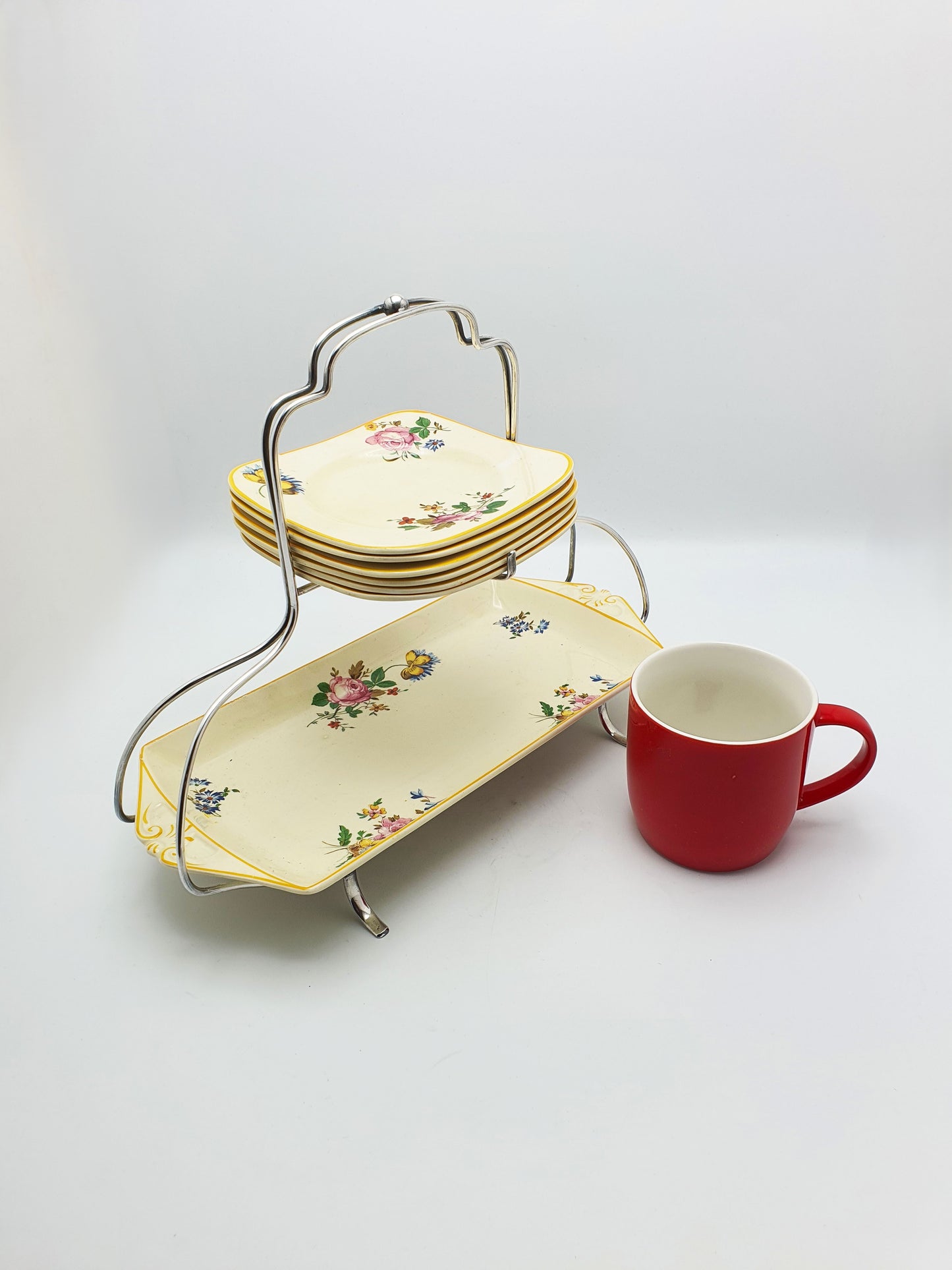 Splendid Woods Ivory Ware Floral Sandwich Set on Silver Plated Stand – circa 1930