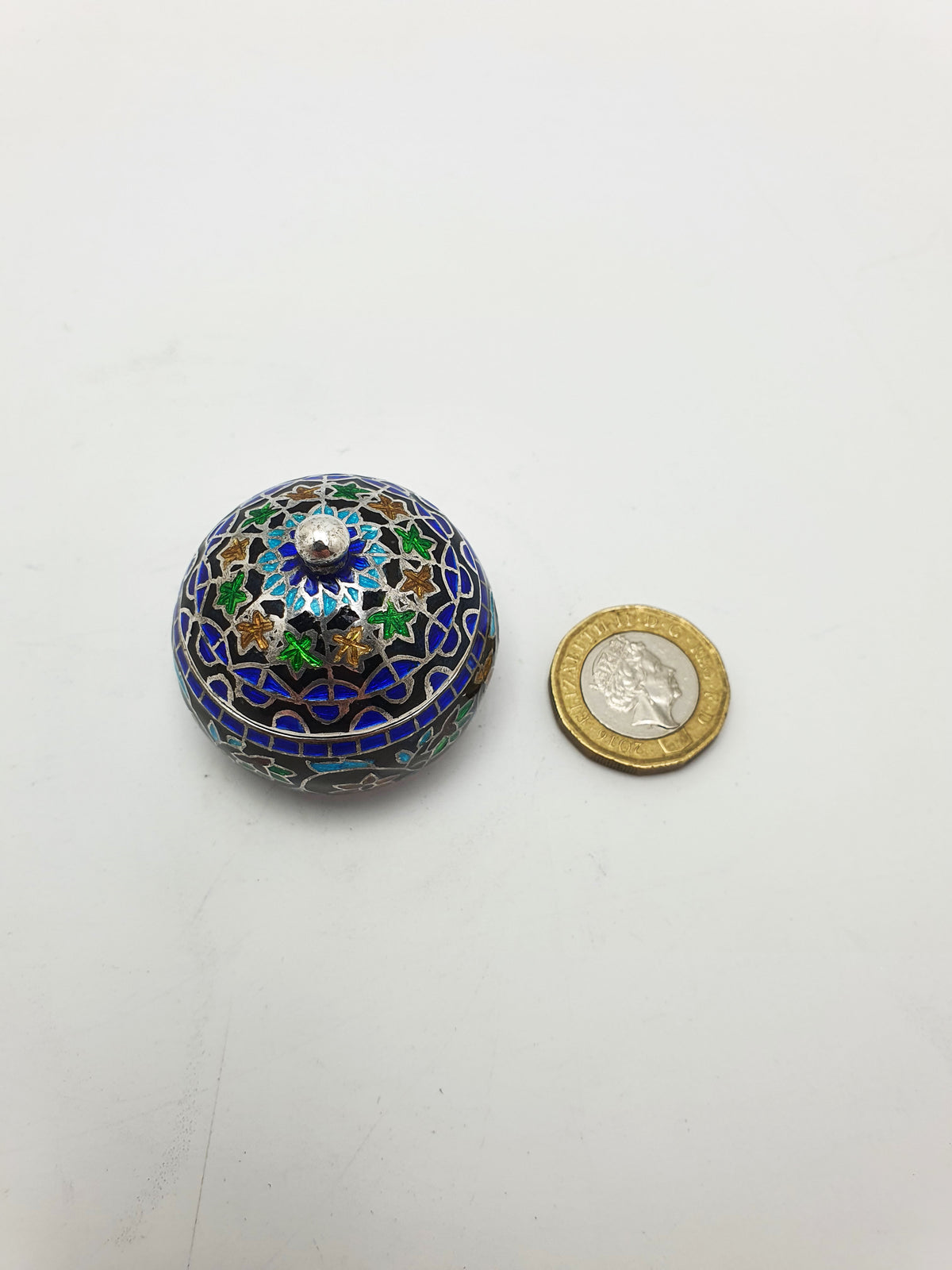 Pretty Vintage Persian .925 Silver & Cloisonné Enamel Lidded Trinket Box – circa 1960