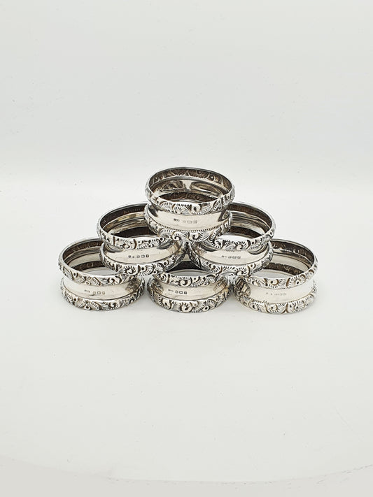 Lovely Set of 6 Ornate Antique Sterling Silver Napkin Rings – 1908