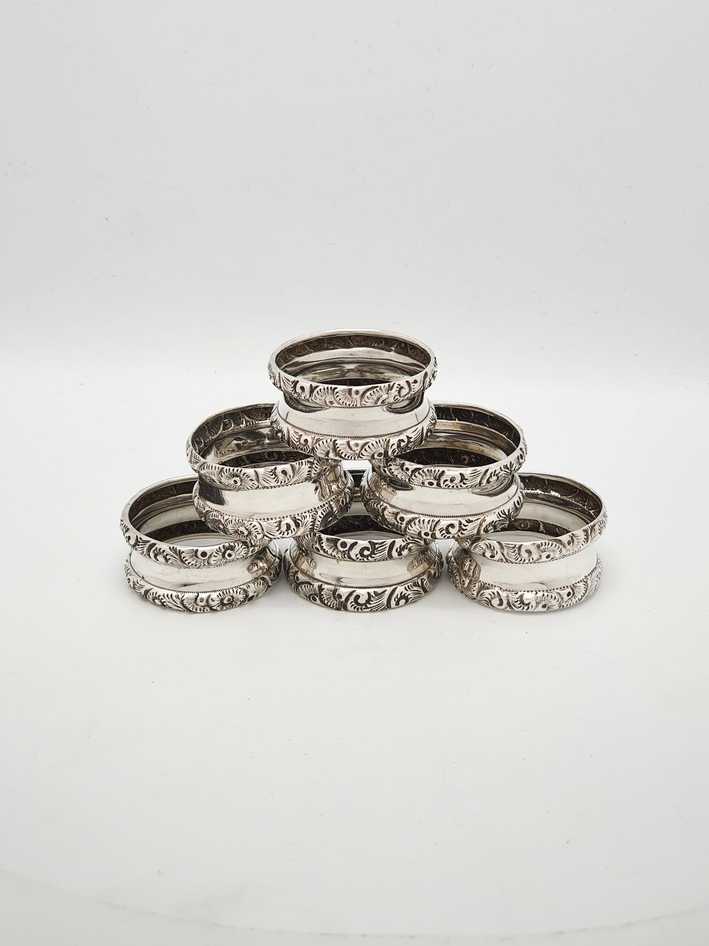 Lovely Set of 6 Ornate Antique Sterling Silver Napkin Rings – 1908