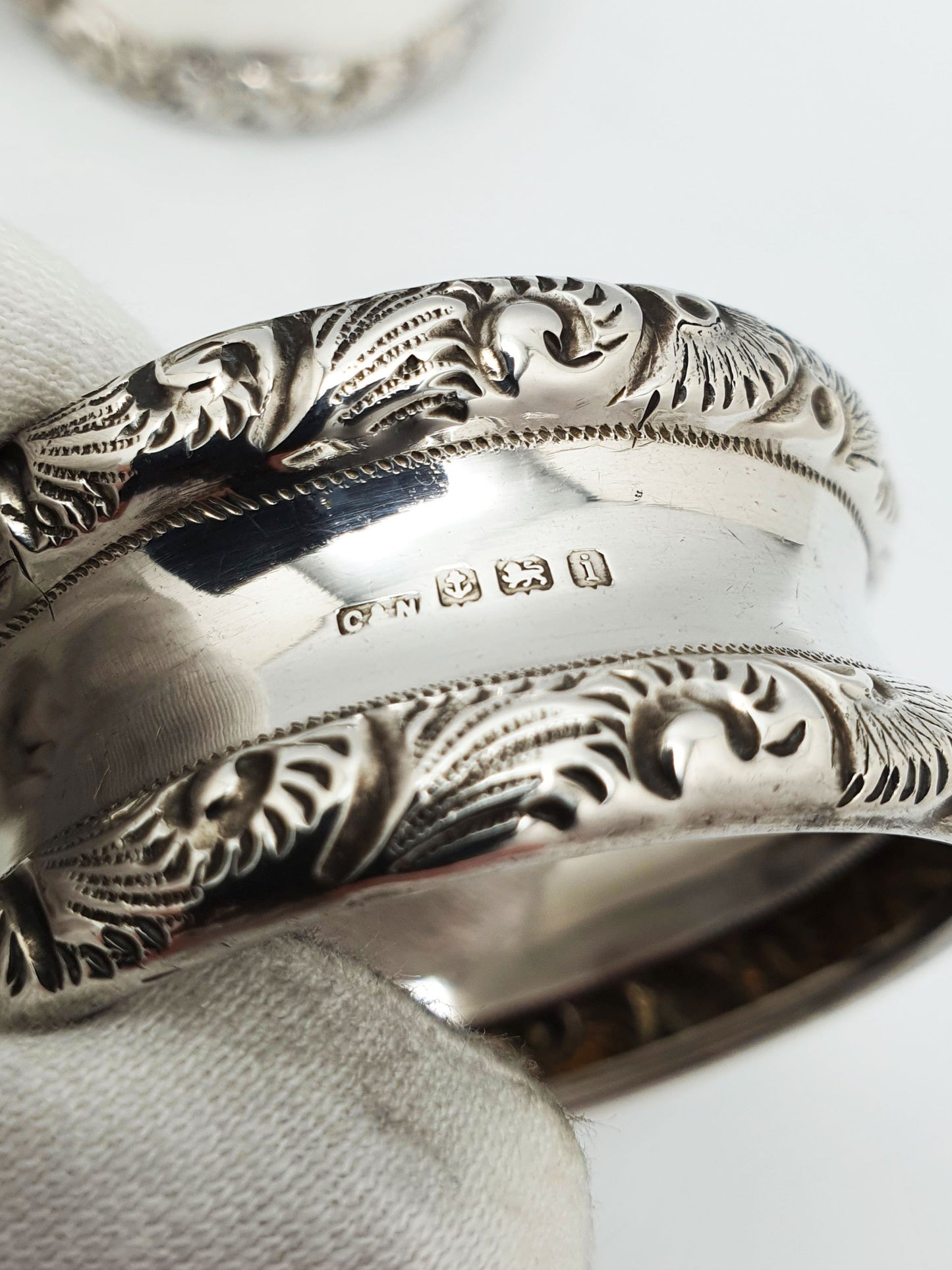 Lovely Set of 6 Ornate Antique Sterling Silver Napkin Rings – 1908