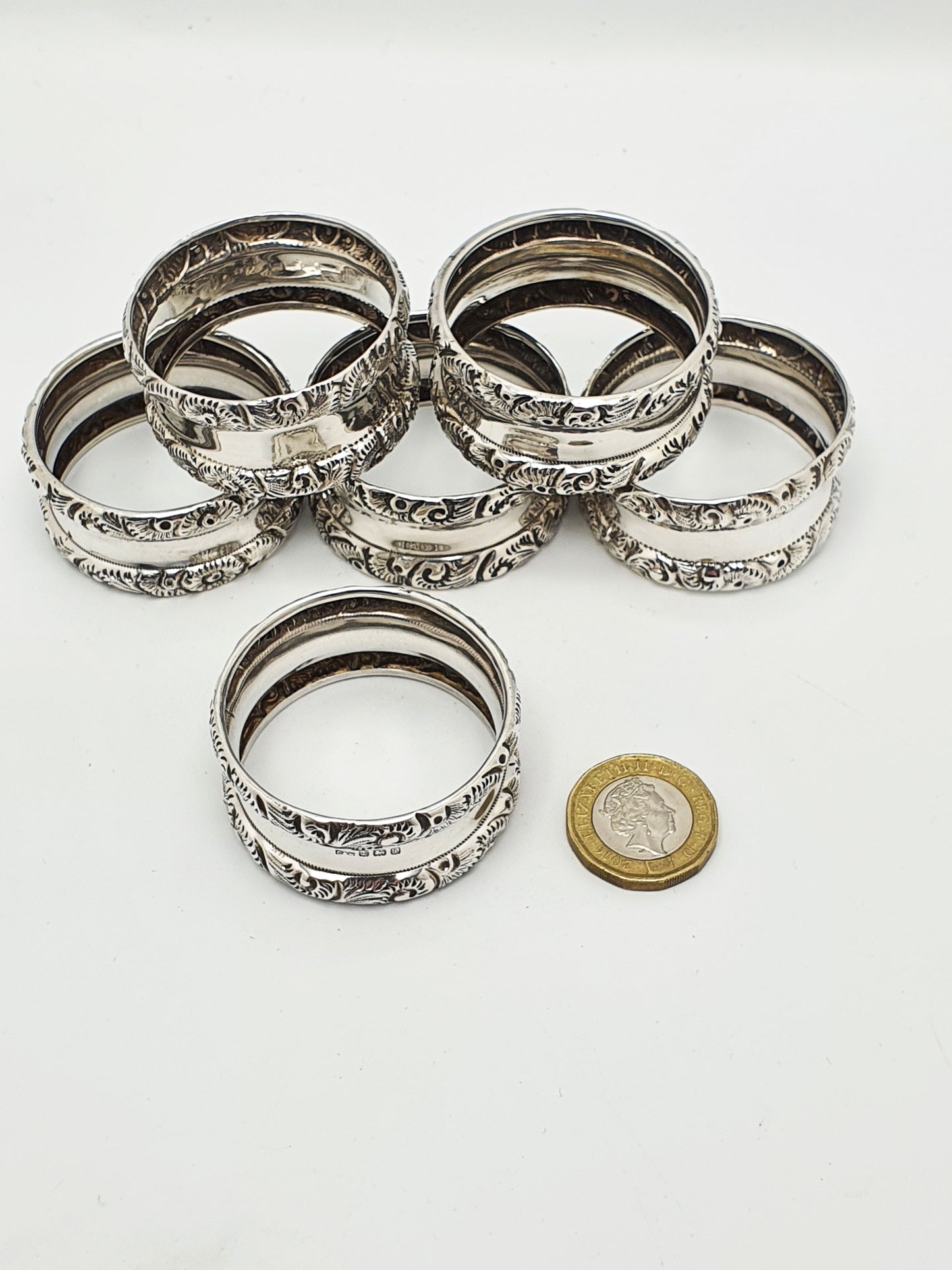 Lovely Set of 6 Ornate Antique Sterling Silver Napkin Rings – 1908