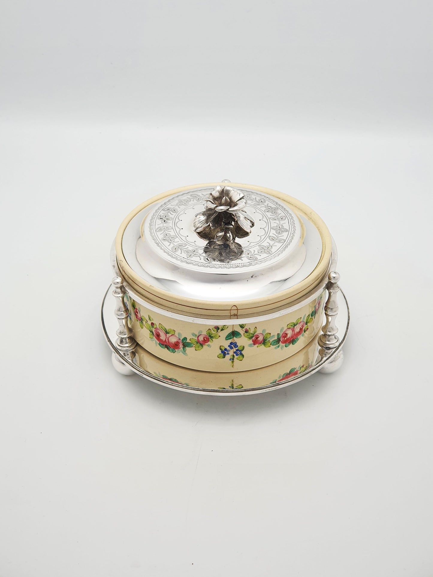 Antique Victorian Hand-Painted Ceramic and Silver Plate Serving Dish – circa 1890