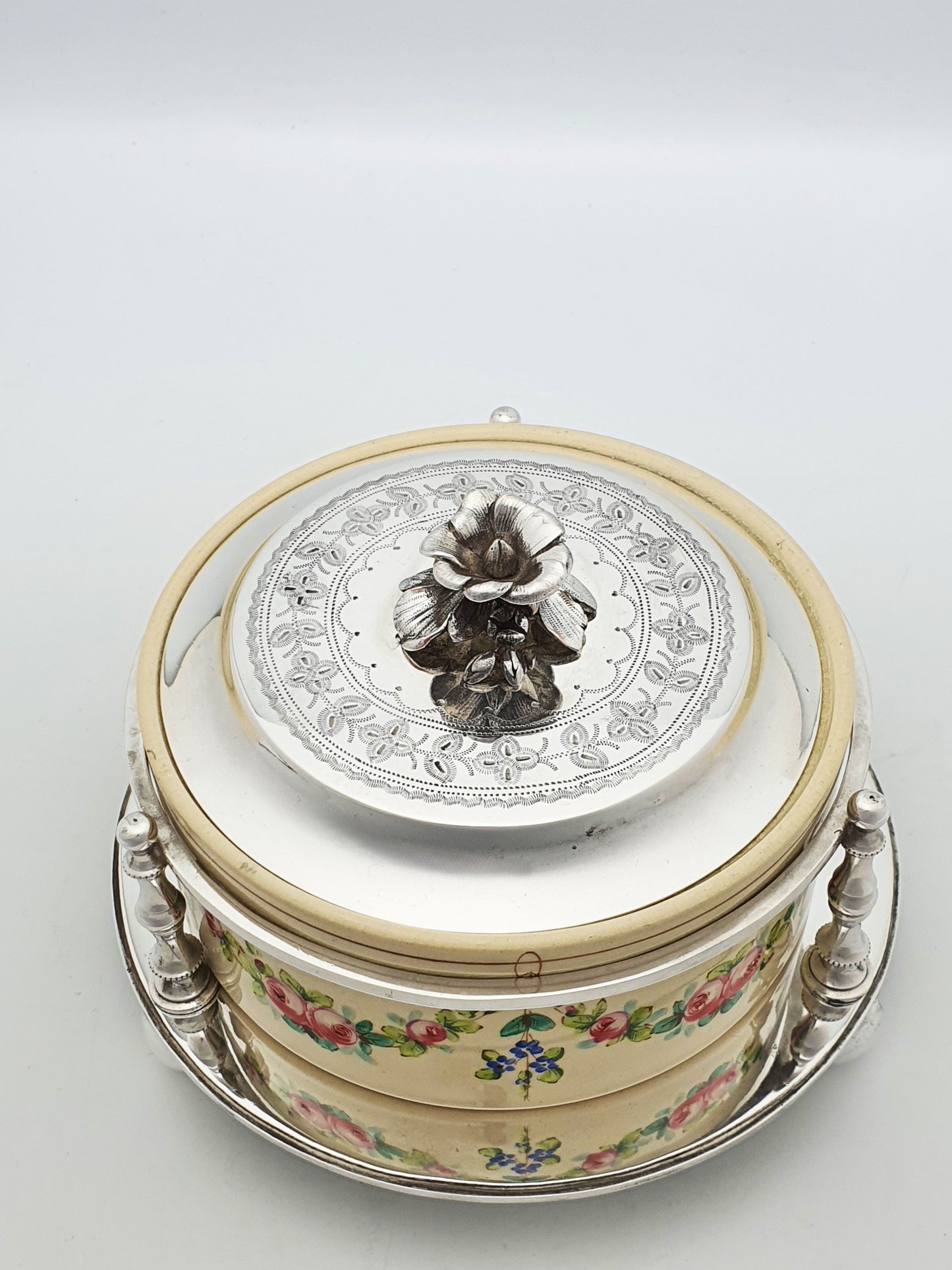 Antique Victorian Hand-Painted Ceramic and Silver Plate Serving Dish – circa 1890