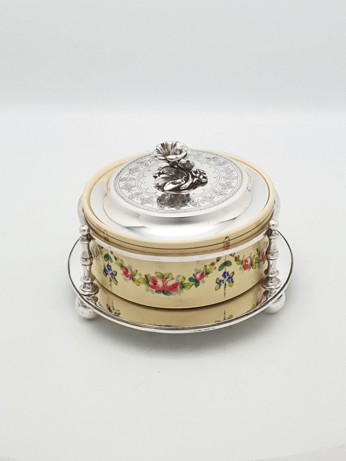 Antique Victorian Hand-Painted Ceramic and Silver Plate Serving Dish – circa 1890