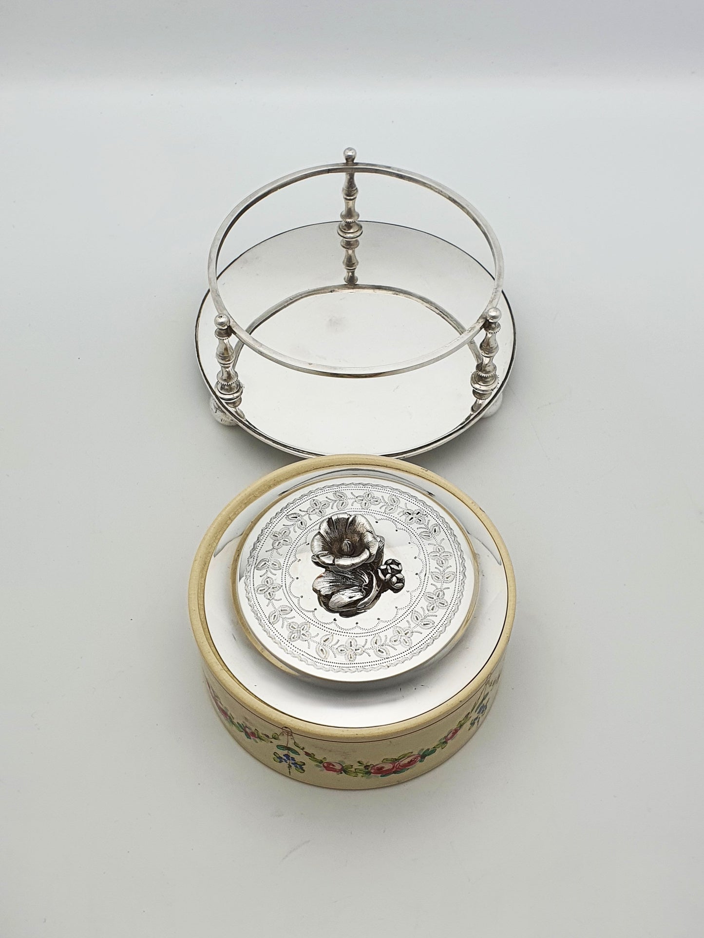 Antique Victorian Hand-Painted Ceramic and Silver Plate Serving Dish – circa 1890