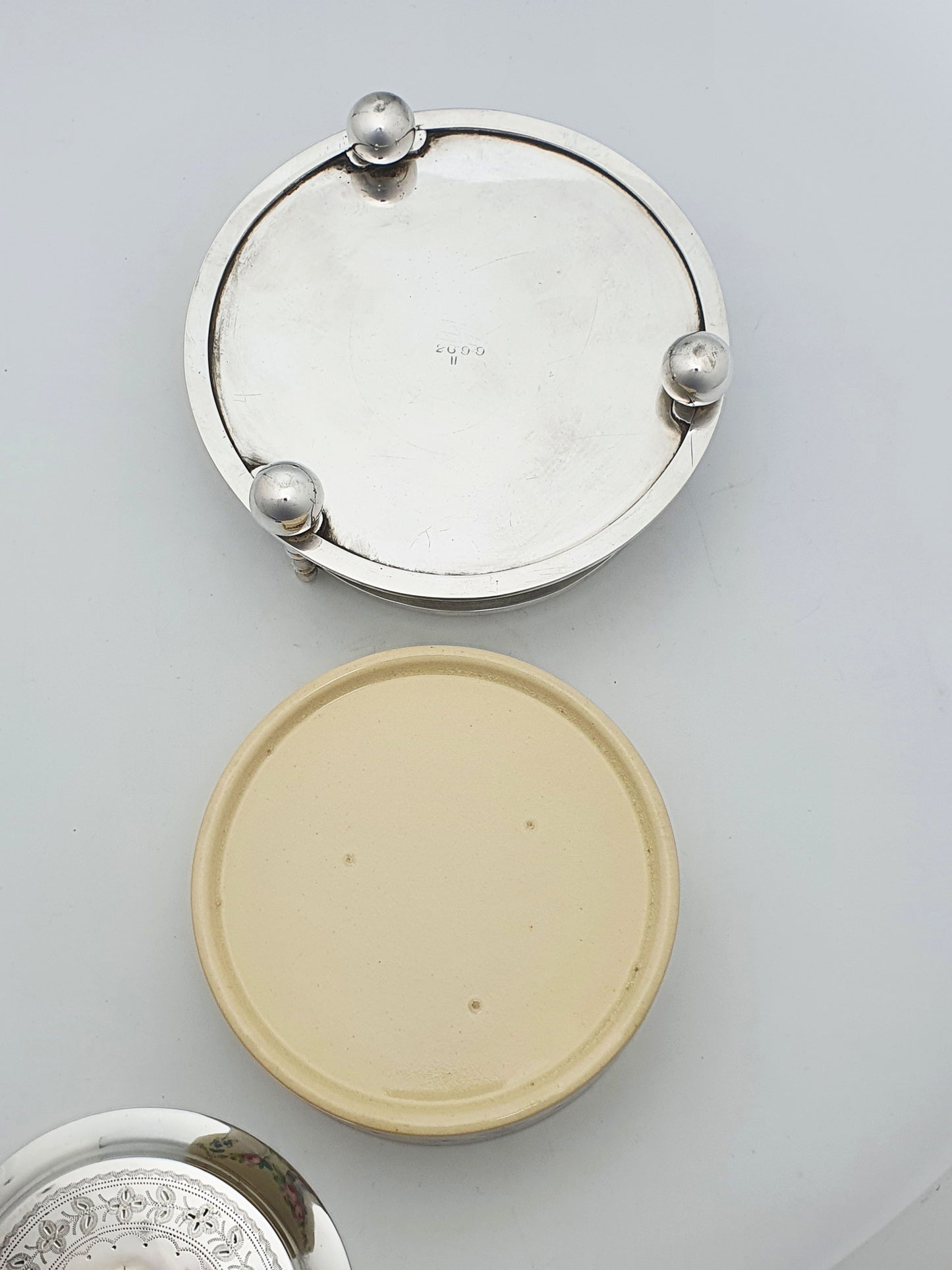 Antique Victorian Hand-Painted Ceramic and Silver Plate Serving Dish – circa 1890