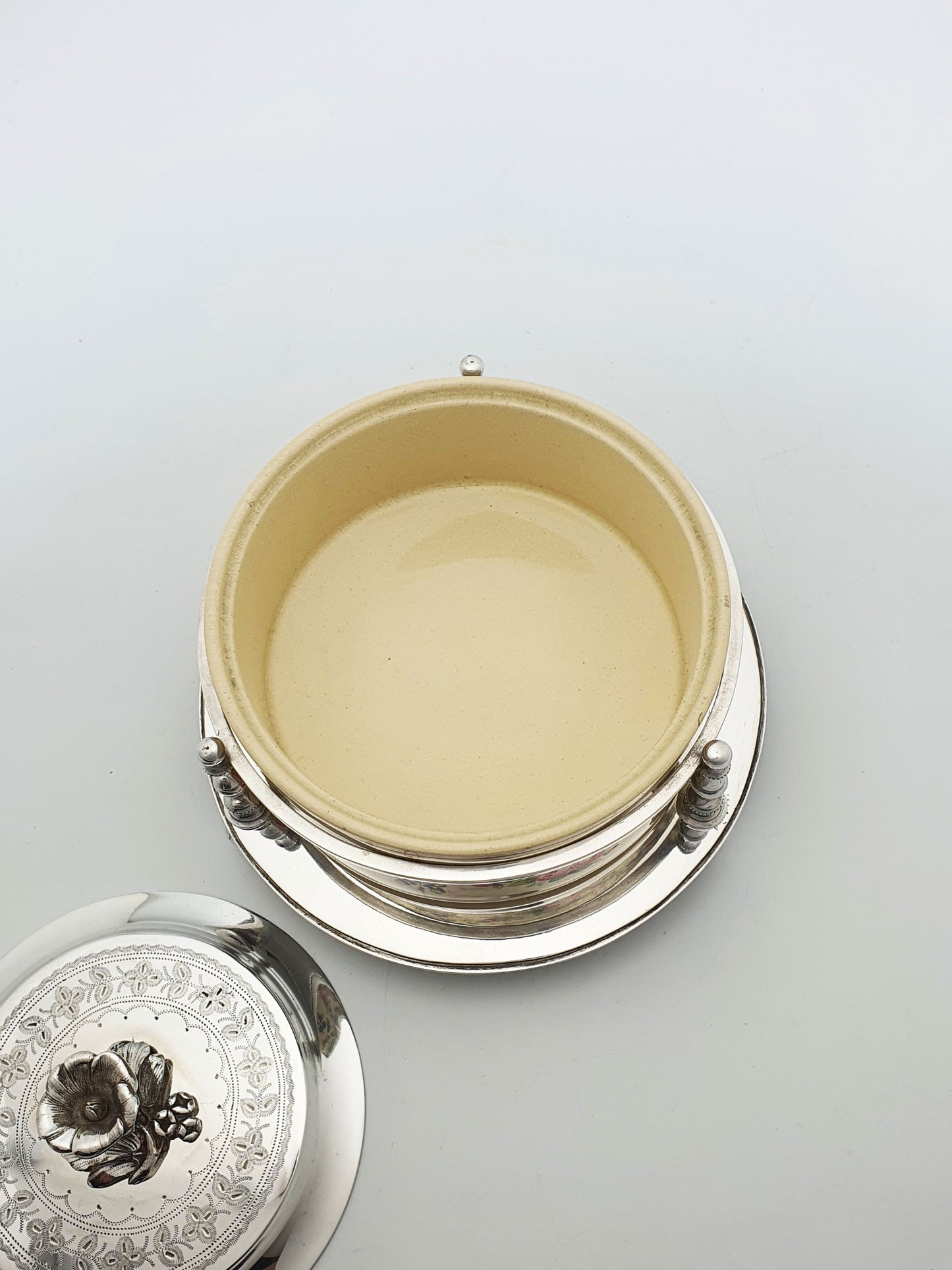 Antique Victorian Hand-Painted Ceramic and Silver Plate Serving Dish – circa 1890