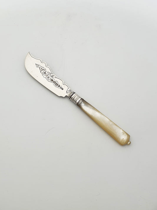 Antique Victorian Sterling Silver Dessert Knife with Engraved Blade – 1876