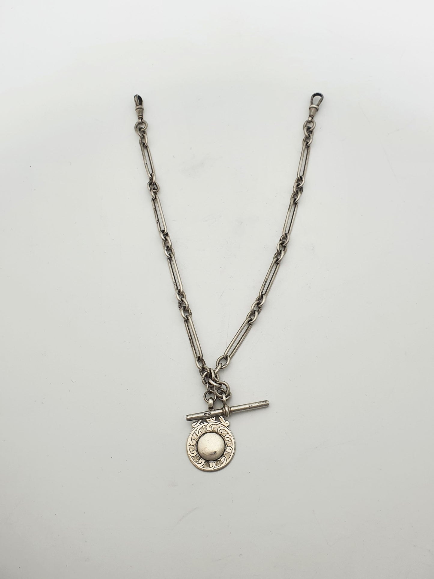 Antique Double Albert Sterling Silver Watch Chain with T-Bar and Fob – 1921
