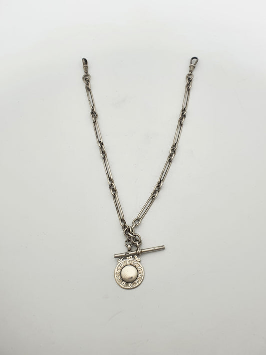 Antique Double Albert Sterling Silver Watch Chain with T-Bar and Fob – 1921