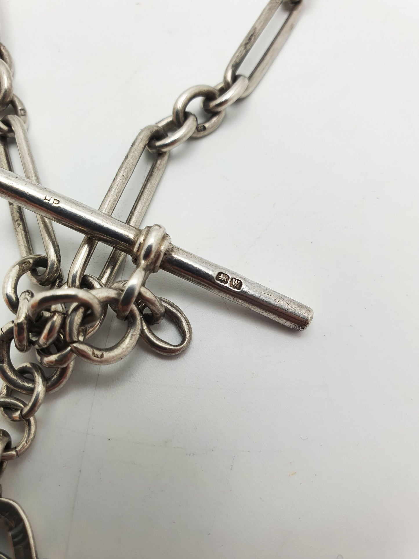 Antique Double Albert Sterling Silver Watch Chain with T-Bar and Fob – 1921