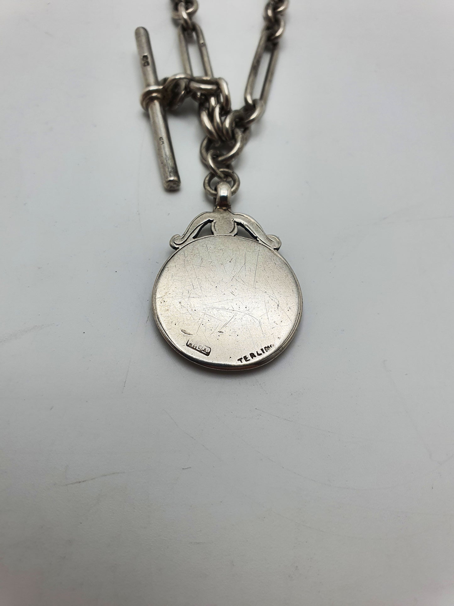 Antique Double Albert Sterling Silver Watch Chain with T-Bar and Fob – 1921