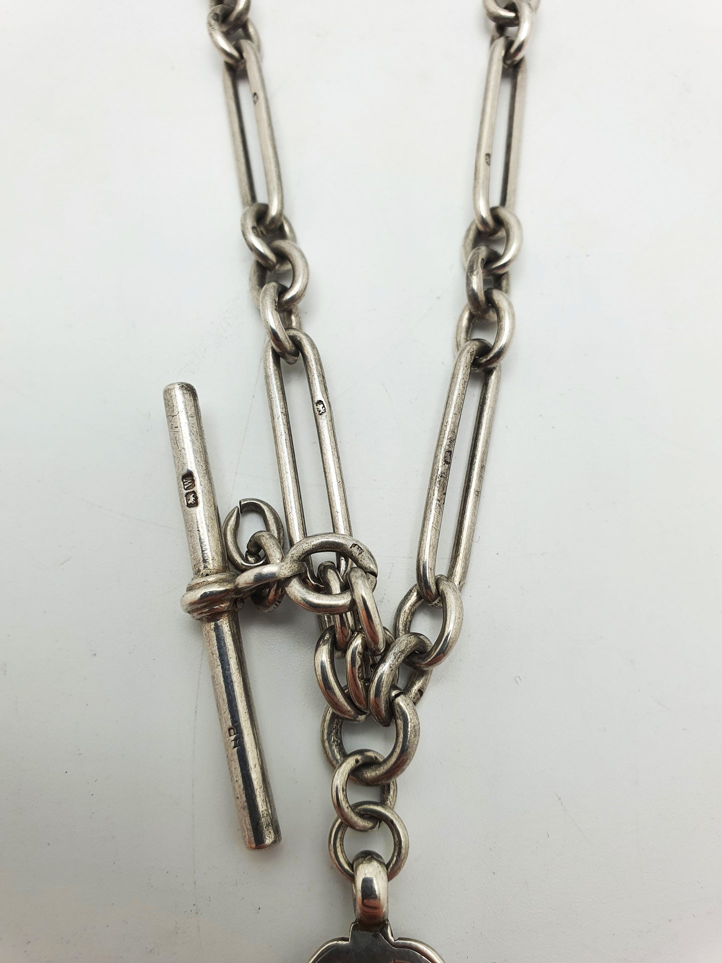 Antique Double Albert Sterling Silver Watch Chain with T-Bar and Fob – 1921