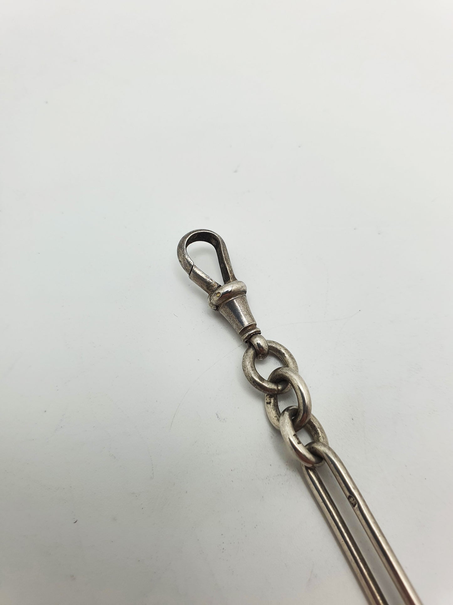 Antique Double Albert Sterling Silver Watch Chain with T-Bar and Fob – 1921